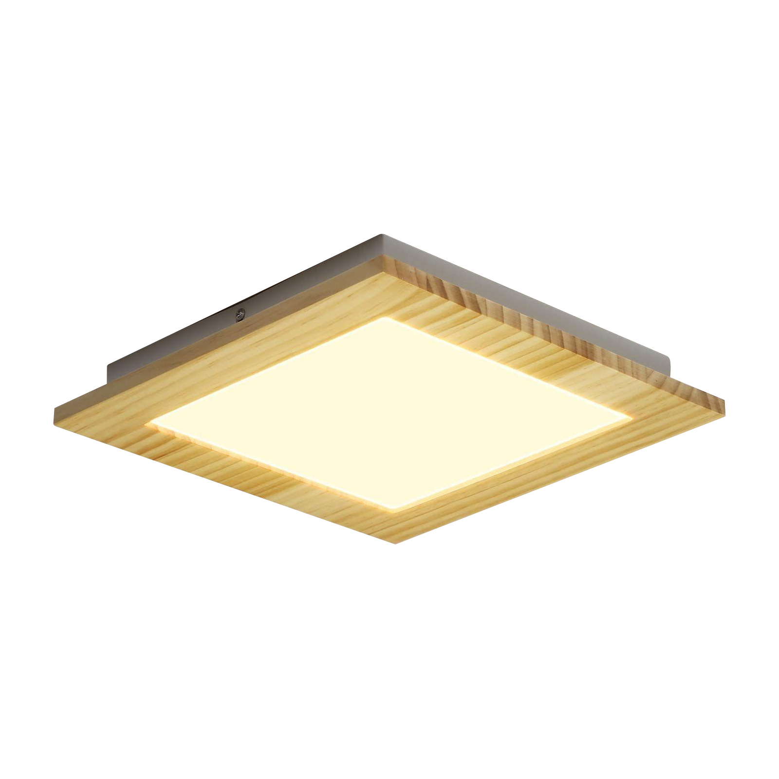 Kwadratowa drewniana lampa sufitowa z jasnym centralnym panelem, na białym tle.