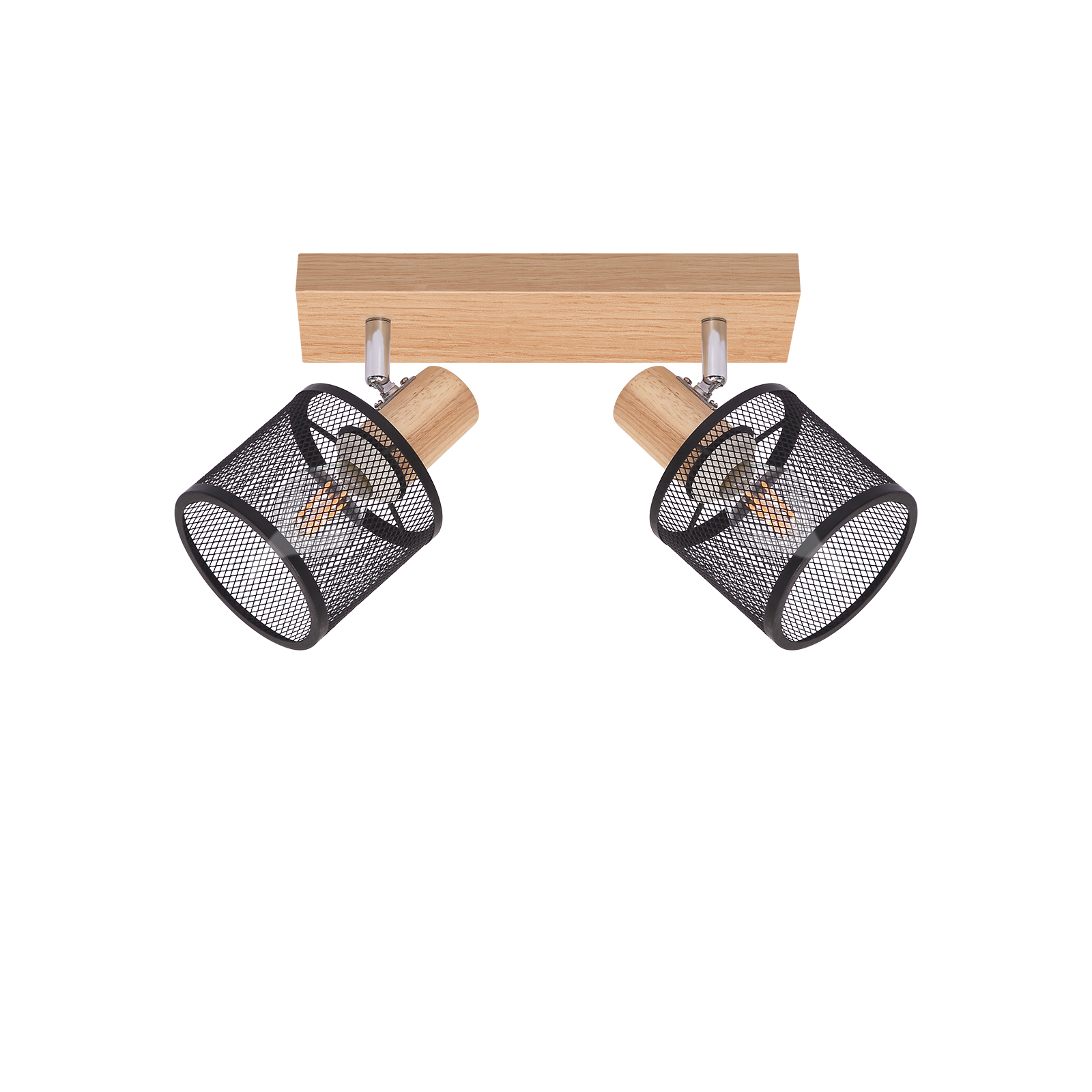 Dwa reflektory z czarnymi kloszami z siatki i drewnianymi akcentami. Zamontowane na drewnianej listwie.