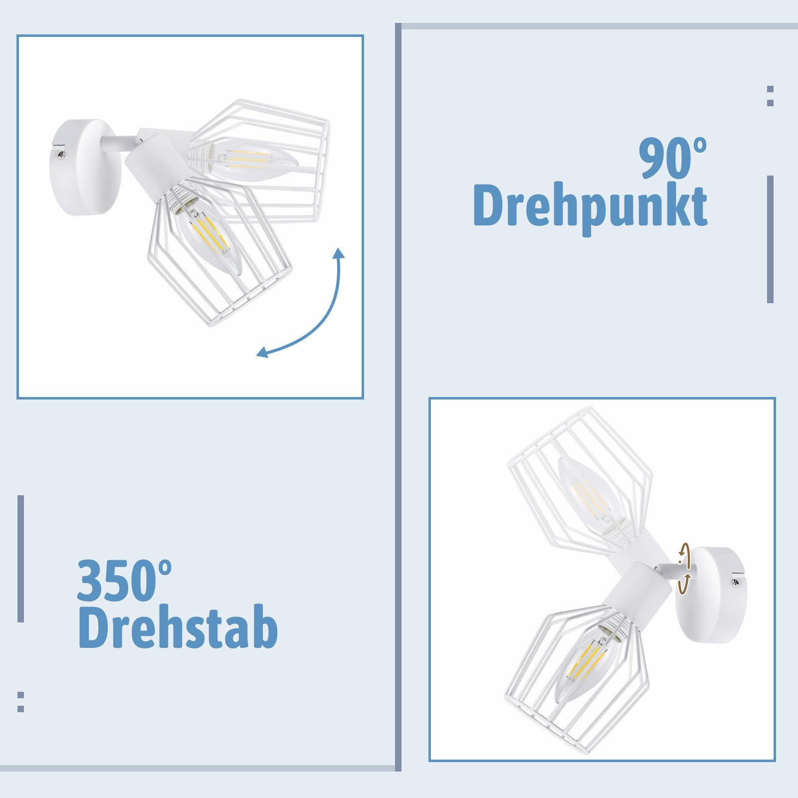 Dwa białe reflektory sufitowe z obrotowymi głowicami, pokazujące obrót o 90 i 350 stopni.