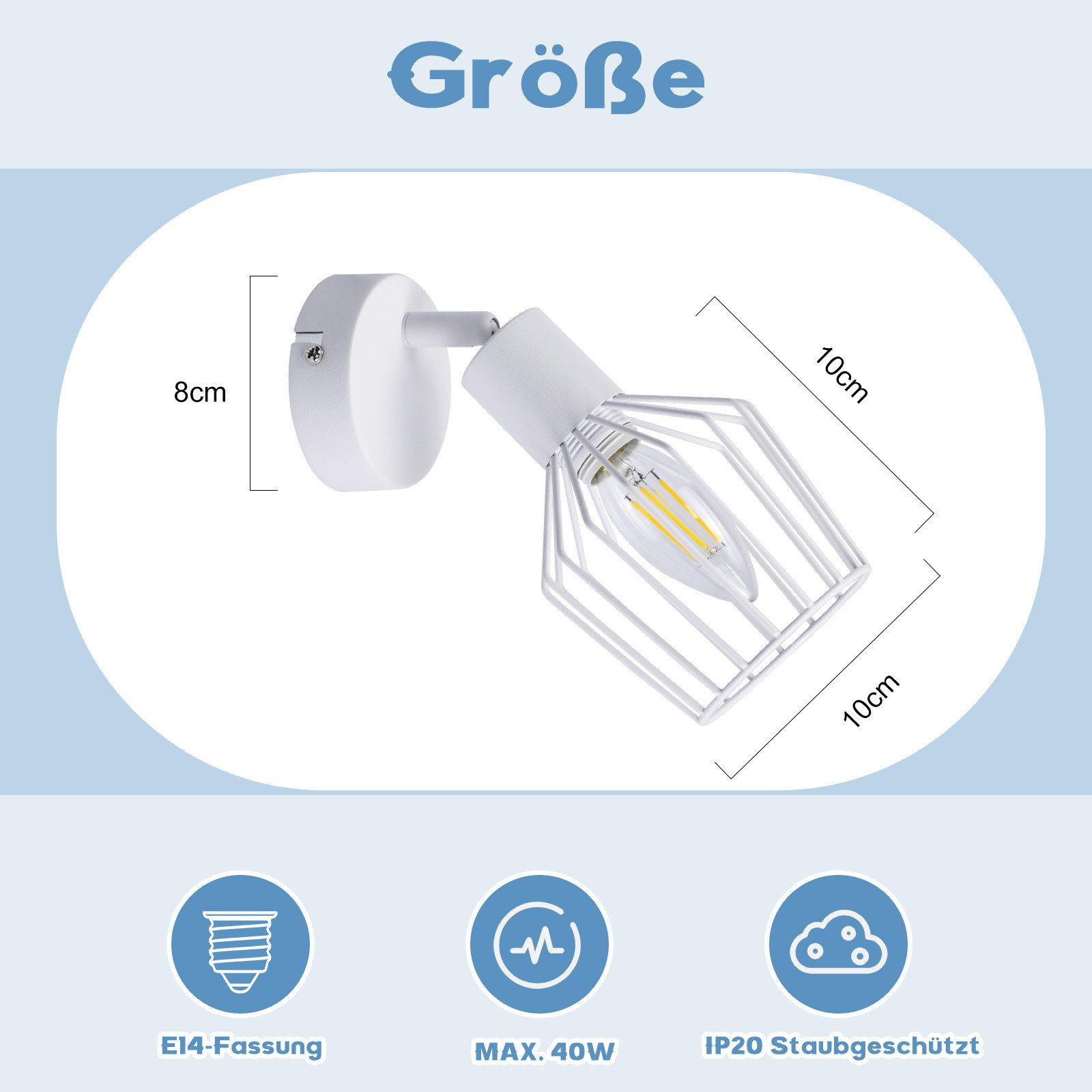 Zbliżenie białej lampy ściennej z wymiarami i oznaczonymi cechami.