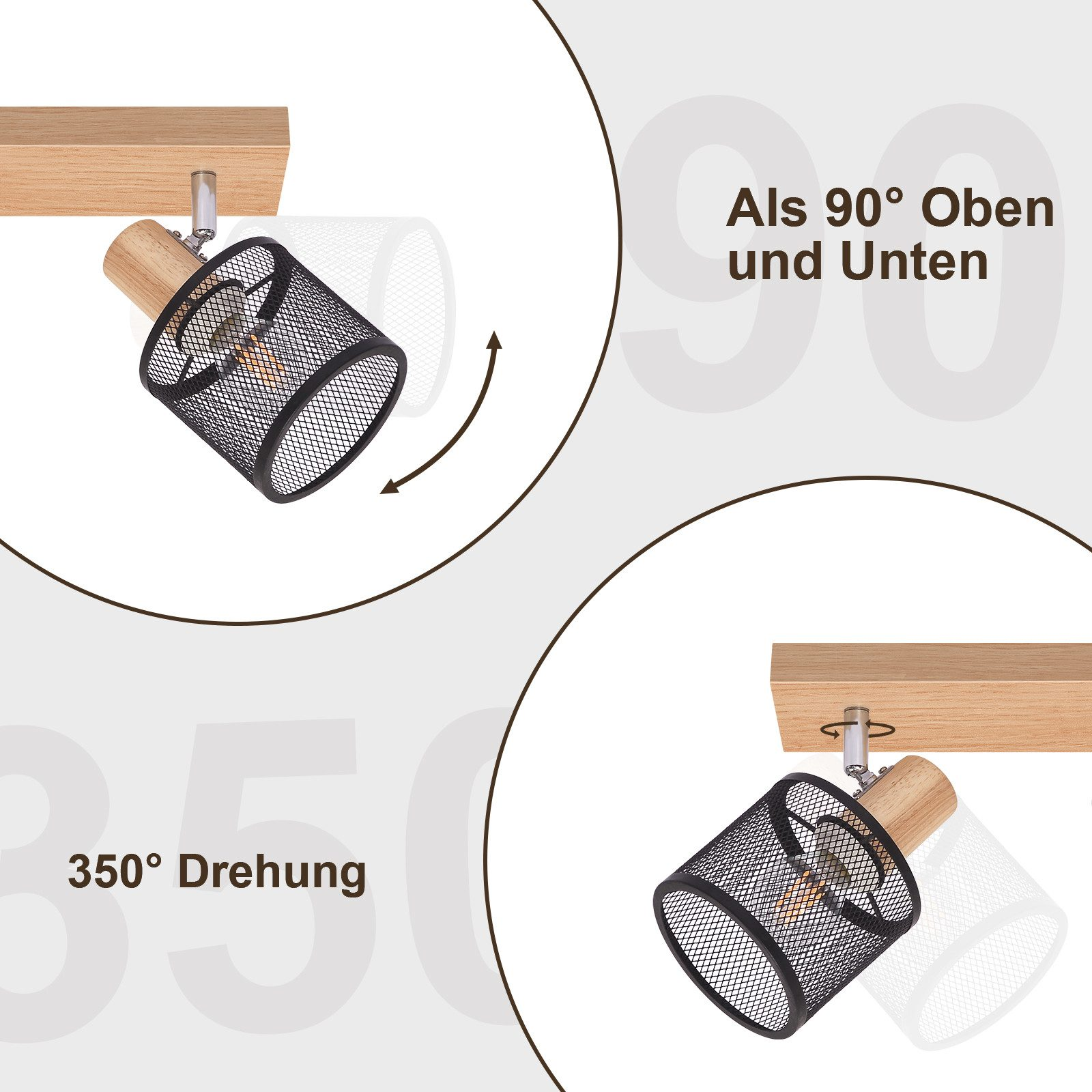 Zbliżenie reflektora z czarną siatkową osłoną. Lampa jest zamontowana na drewnie, pokazując jej możliwości obrotu.