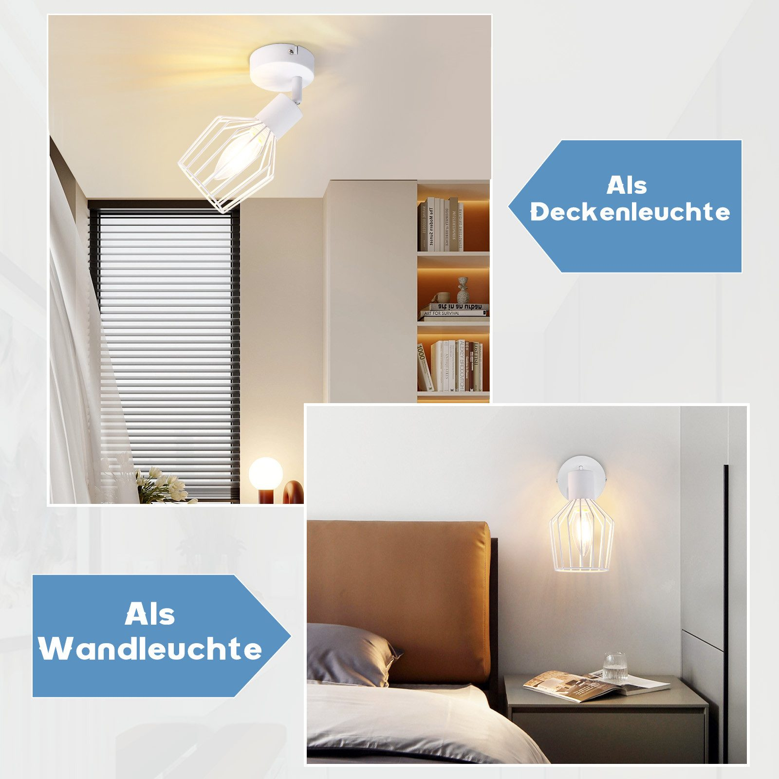 Obrazy przedstawiające lampy sufitowe i ścienne. Białe oprawy w kształcie klatki, jedna sufitowa, jedna ścienna.