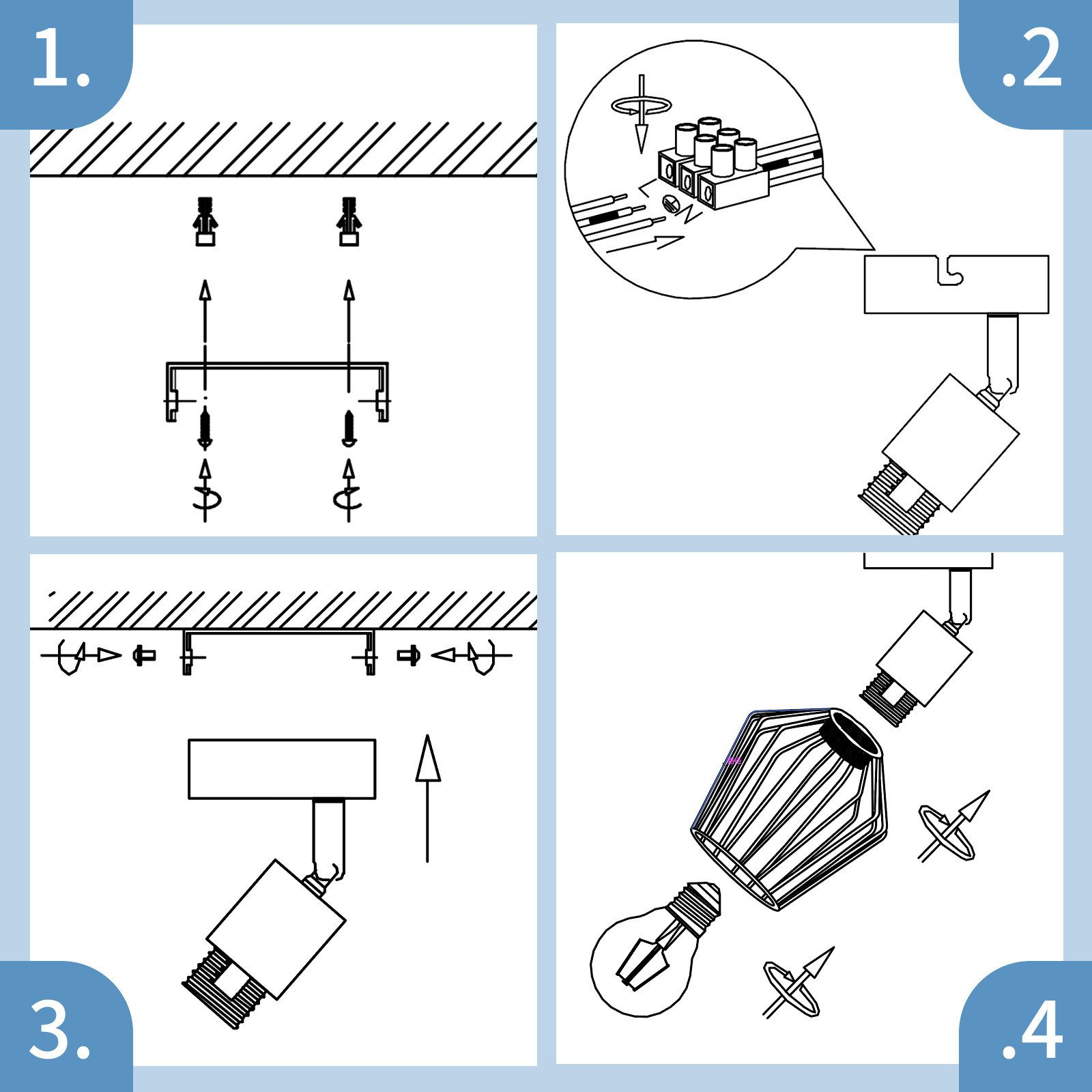 Cztery kroki pokazujące instalację oświetlenia sufitowego z obrazkami i instrukcjami.