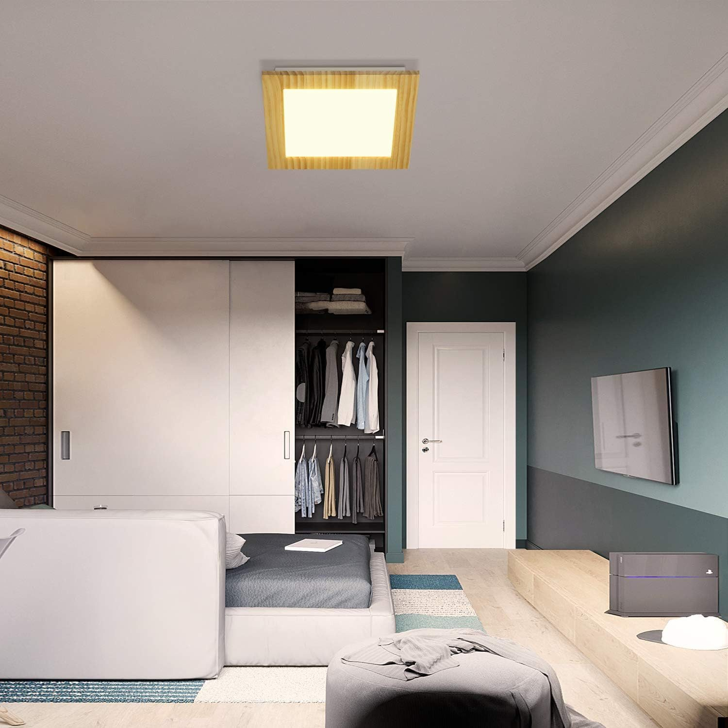 Sypialnia z łóżkiem, szafą i TV. Lampa sufitowa, białe ściany i drewniane akcenty. Nowoczesny design.