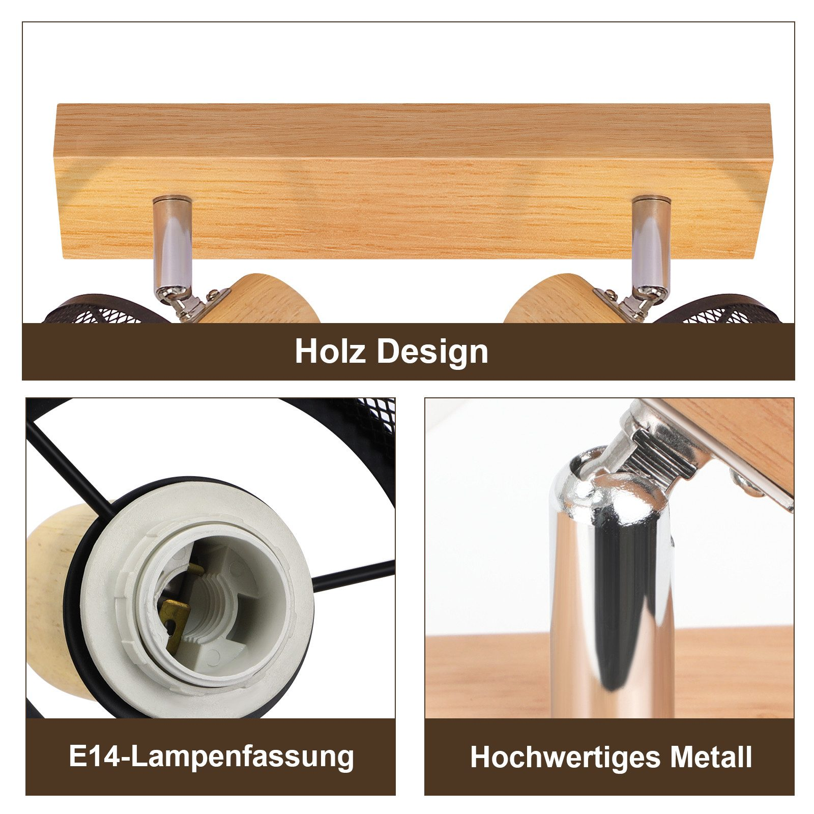 Szczegółowe ujęcia drewnianej oprawy oświetleniowej, w tym oprawki lampy i elementy metalowe.