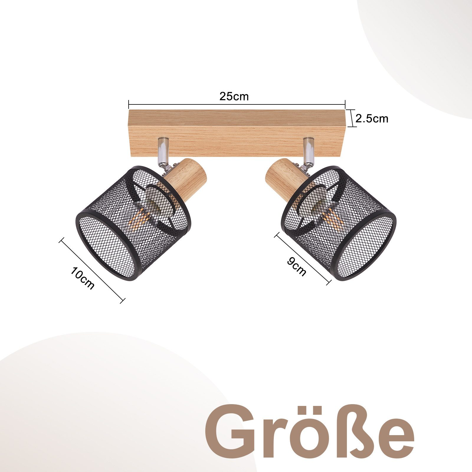 Drewniana oprawa oświetleniowa z dwiema czarnymi lampami z siatki. Podano wymiary szerokości i wysokości.