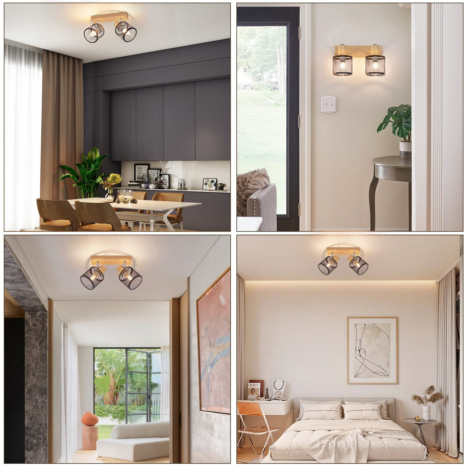 Cztery zdjęcia przedstawiające światła w kuchni, drzwiach i sypialni. Drewniane oprawy z reflektorami.