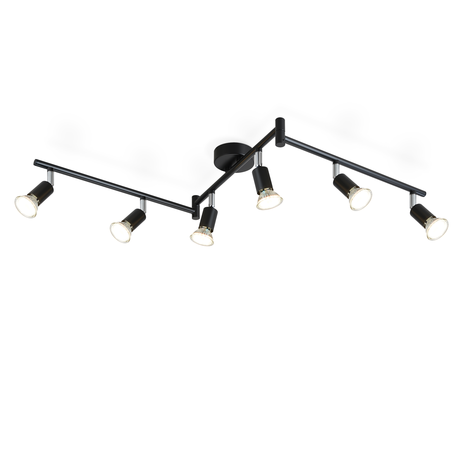 Czarna, wielopunktowa szyna oświetleniowa z sześcioma reflektorami. Białe tło.