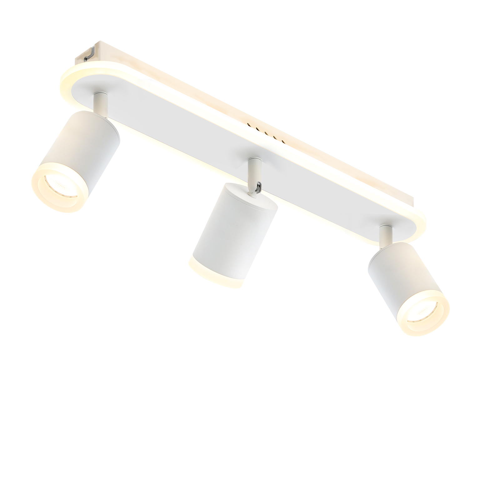 Biała oprawa sufitowa z trzema cylindrycznymi reflektorami, na białym tle.
