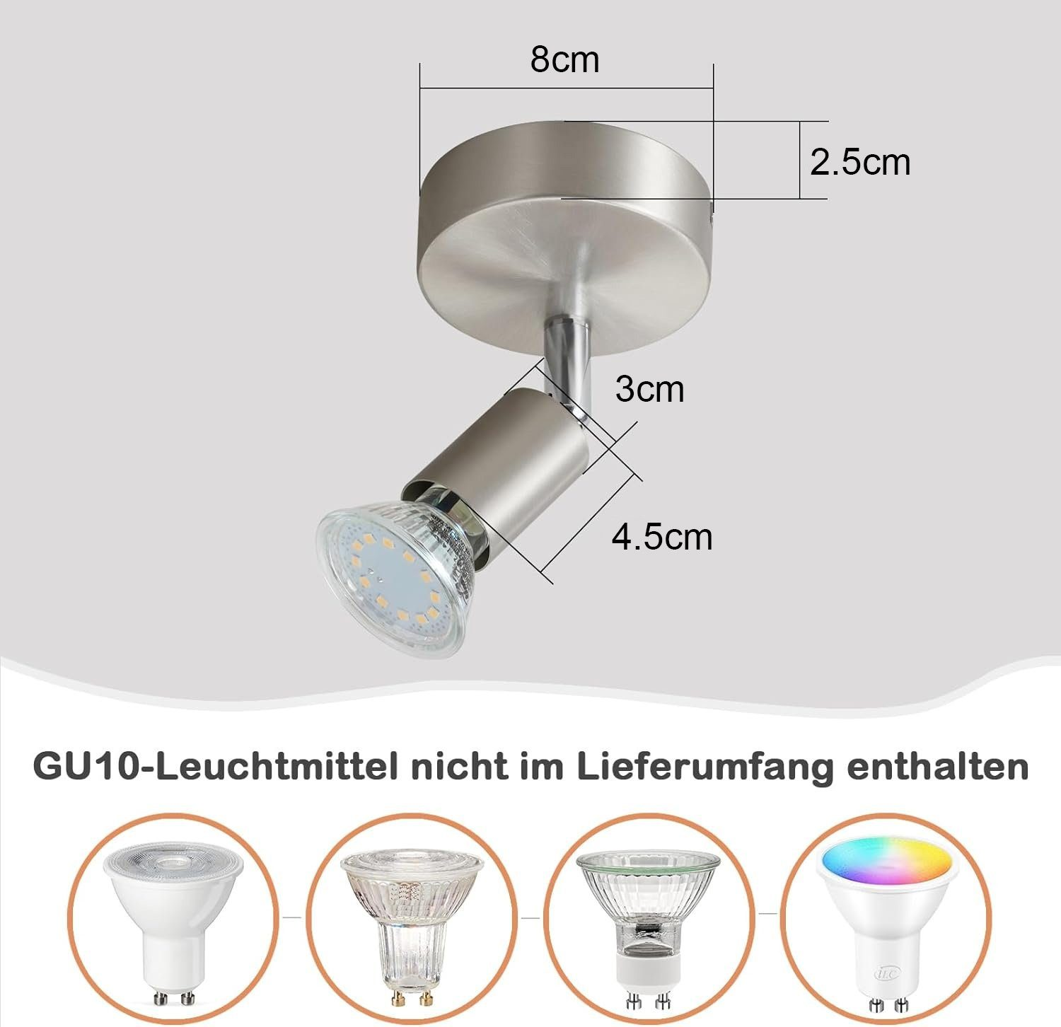 Silberne Leuchte mit Maßen und Beispielen für kompatible Leuchtmittel.