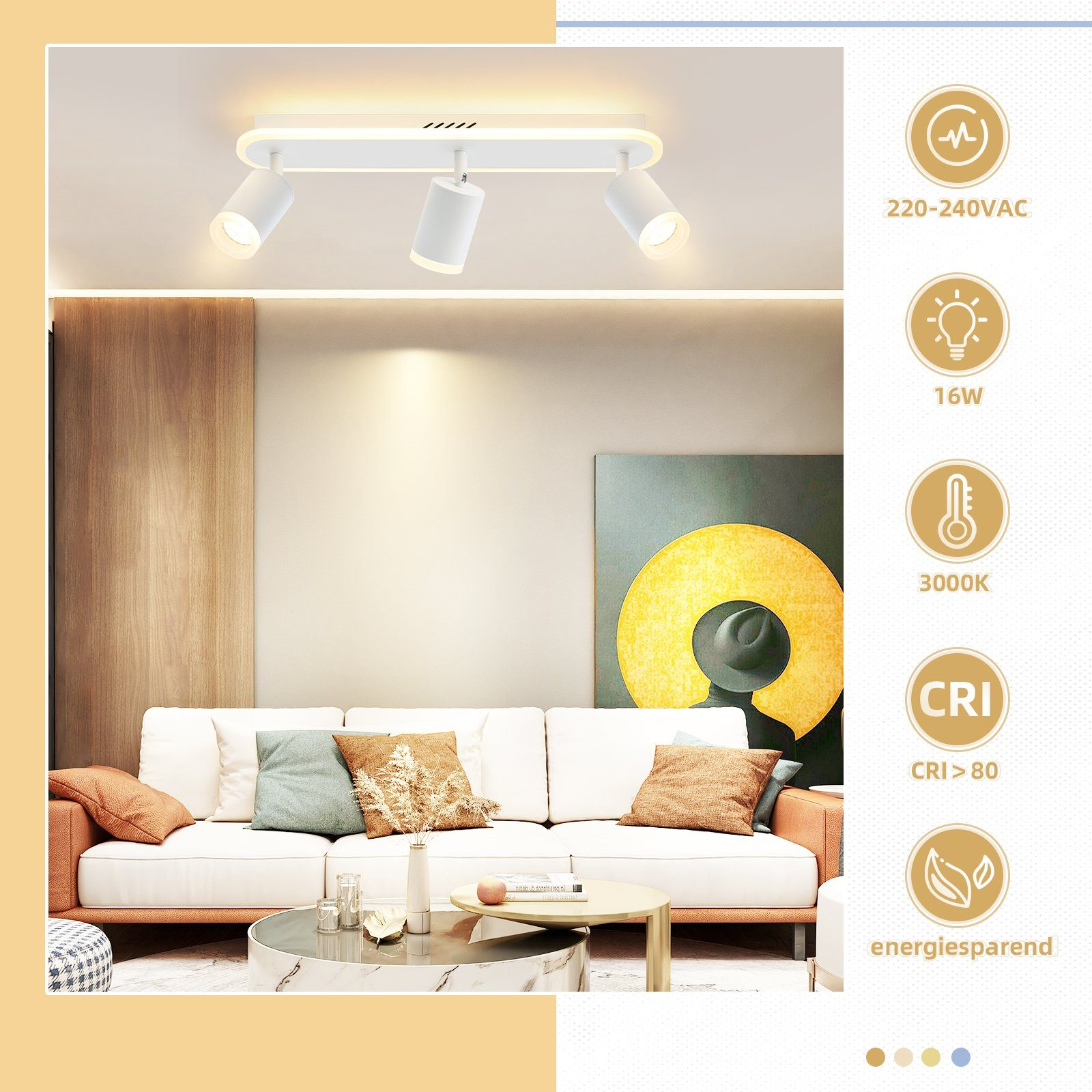 Biała lampa sufitowa z trzema regulowanymi reflektorami. Ikony pokazują oszczędność energii, 220V, 16W i 3000K. Projektowanie wnętrz.