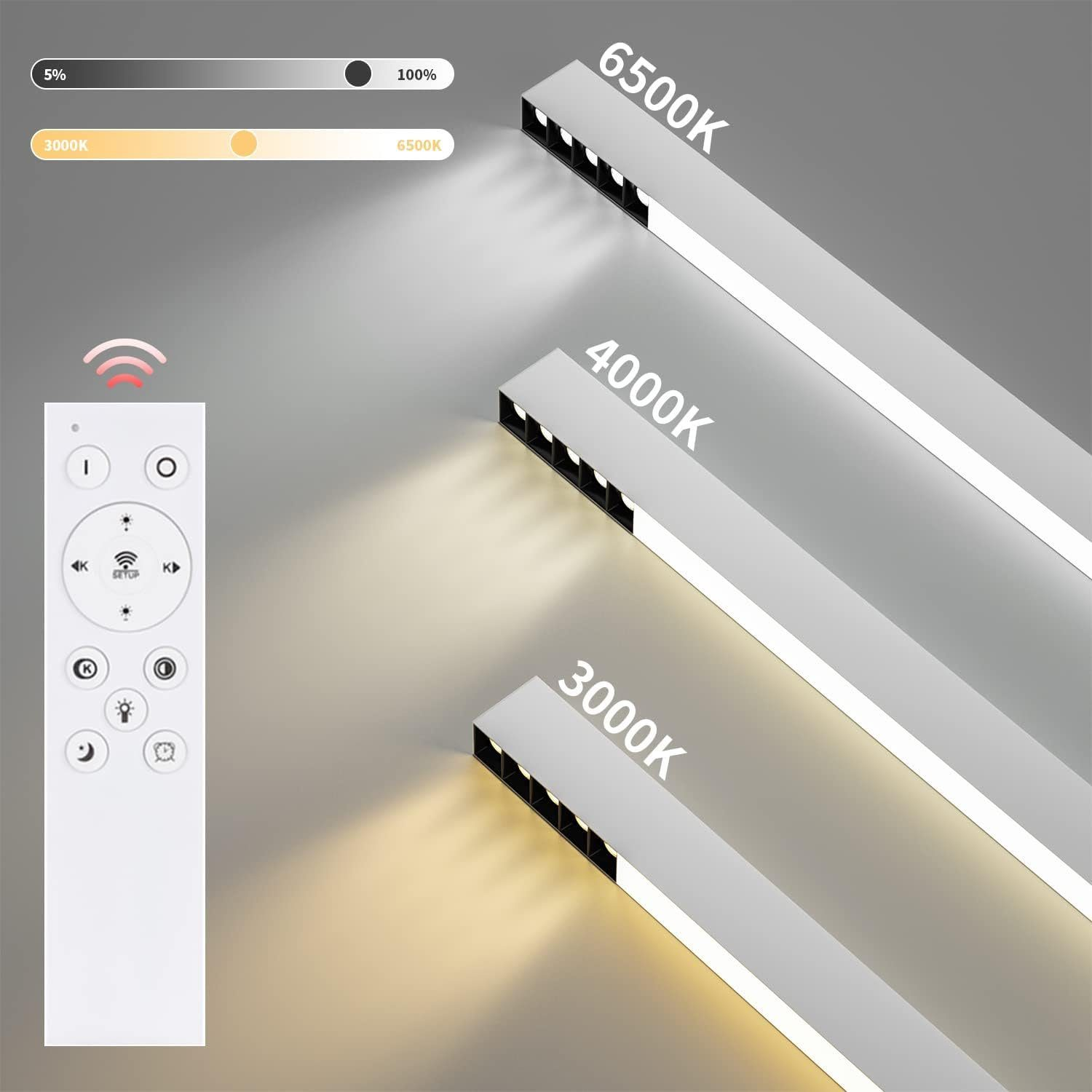 Trzy białe paski świetlne LED pokazujące temperatury barwowe: 3000K, 4000K, 6500K. Pilot po lewej.
