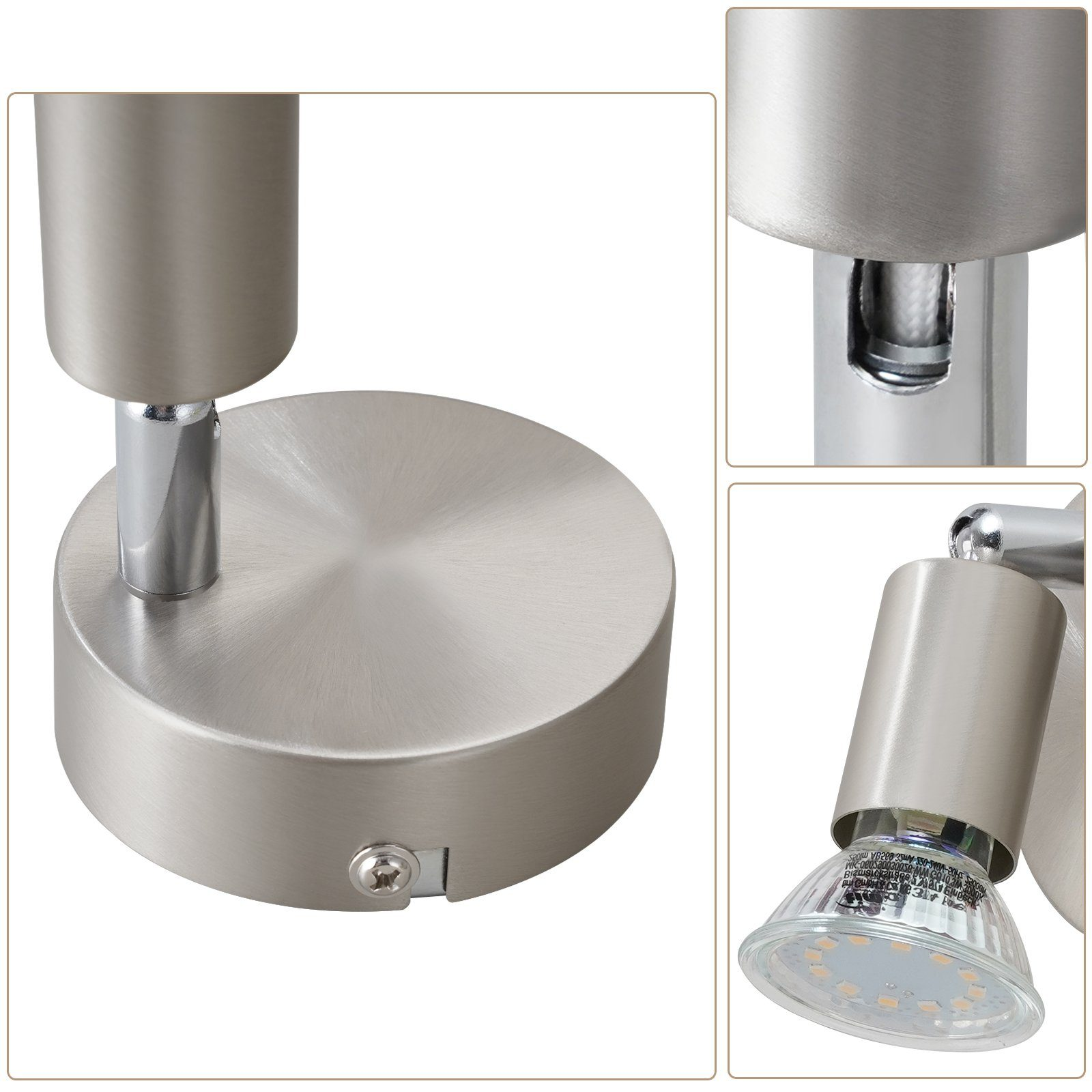 Zbliżenie nowoczesnej, srebrnej lampy ściennej. Pokazano szczegóły konstrukcji lampy.