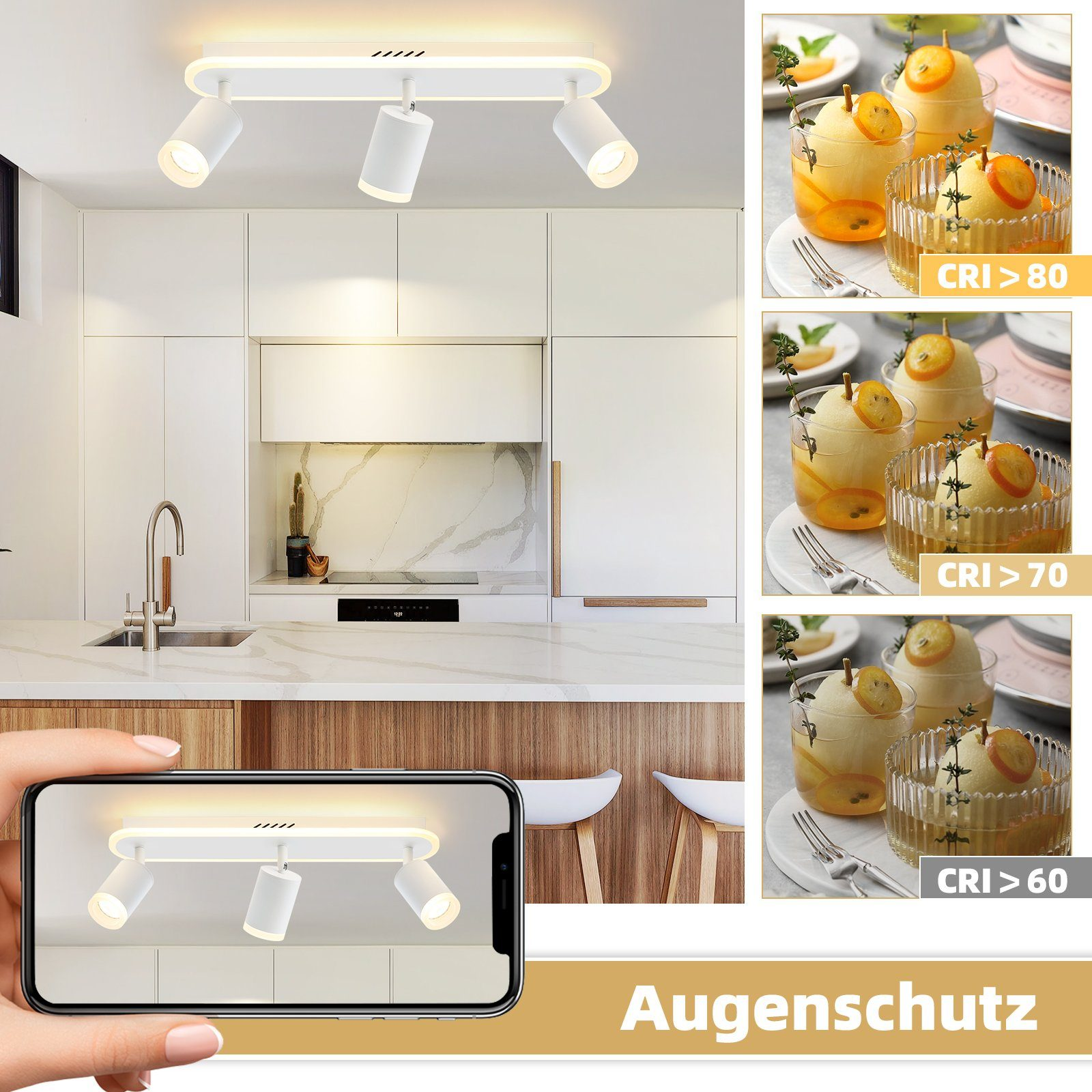 Biała kuchnia z oświetleniem szynowym, smartfonem pokazującym oświetlenie szynowe i koktajlem.