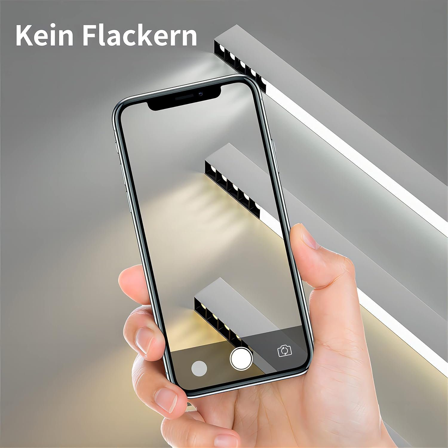 Ręka trzymająca telefon, pokazująca oprawę oświetleniową. Widoczny tekst "Kein Flackern".