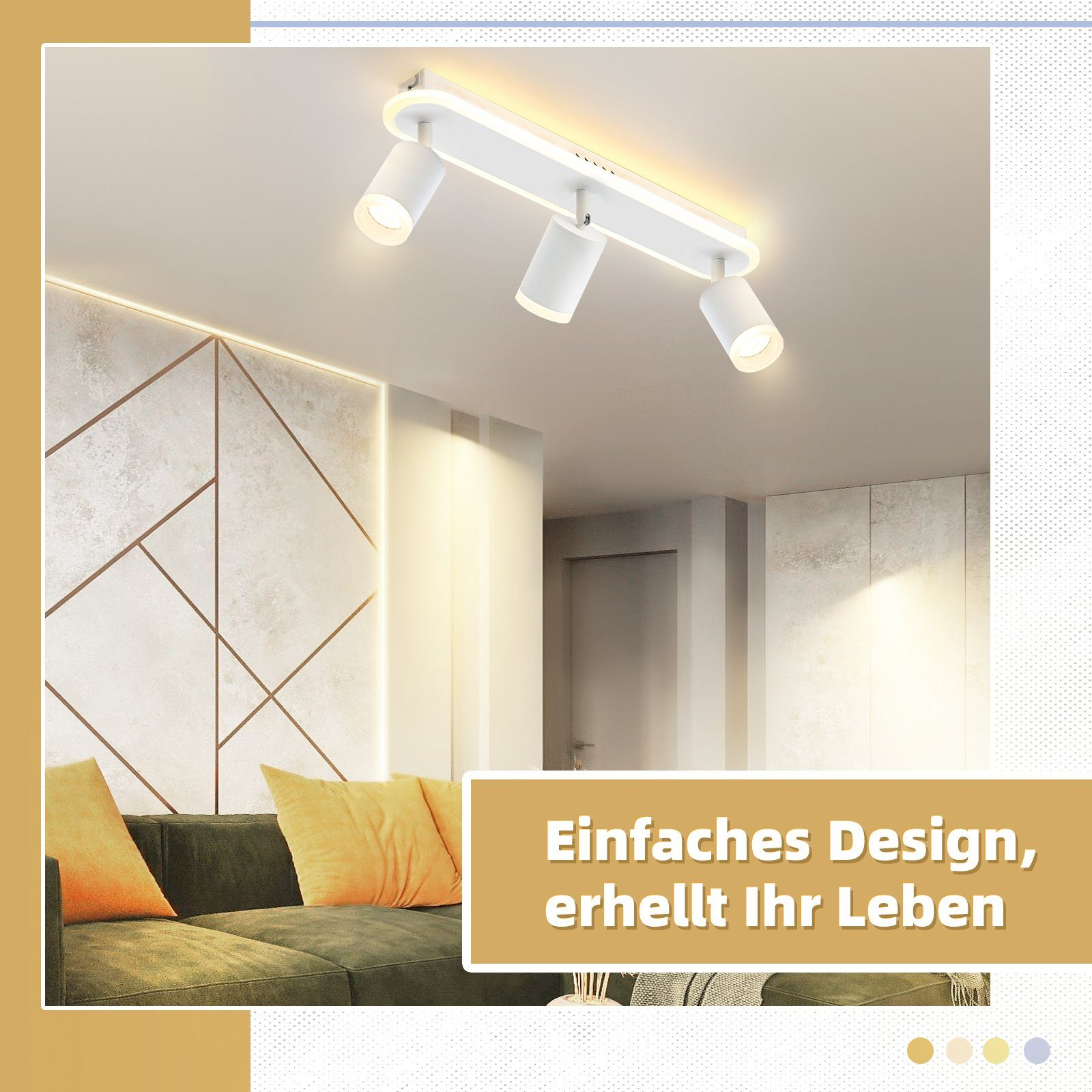 Biała lampa sufitowa z trzema reflektorami. Sofa i dekoracje ścienne w tle.