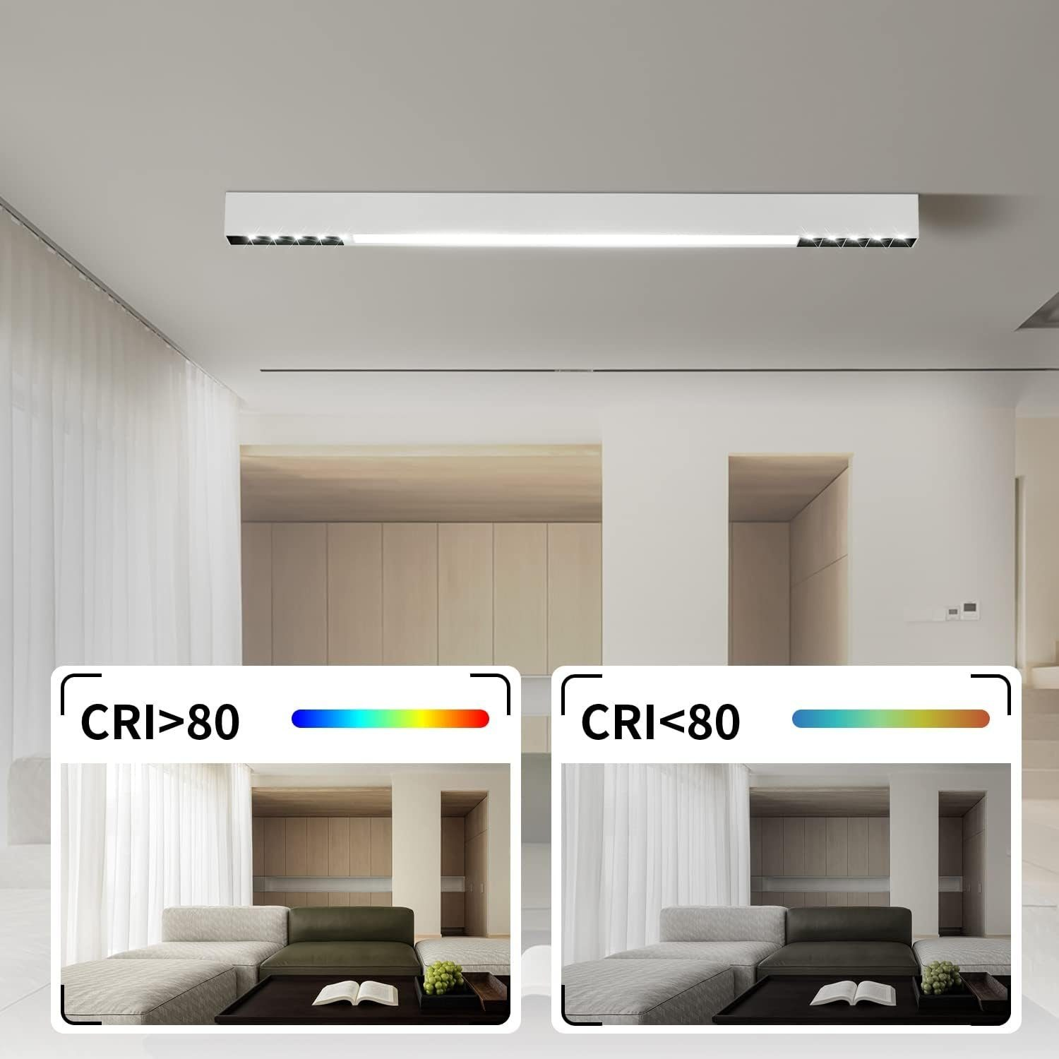 Dwa obrazy przedstawiające długą, białą lampę sufitową. Obrazy przedstawiają różne wskaźniki oddawania barw (CRI): CRI<gt/>80 i CRI<lt/>80.