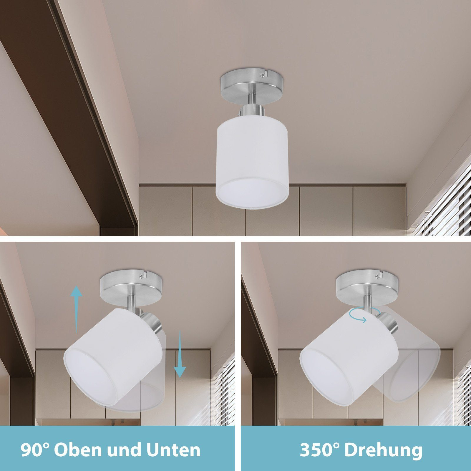 Biała lampa sufitowa z regulowanym kątem i opcjami obrotu.