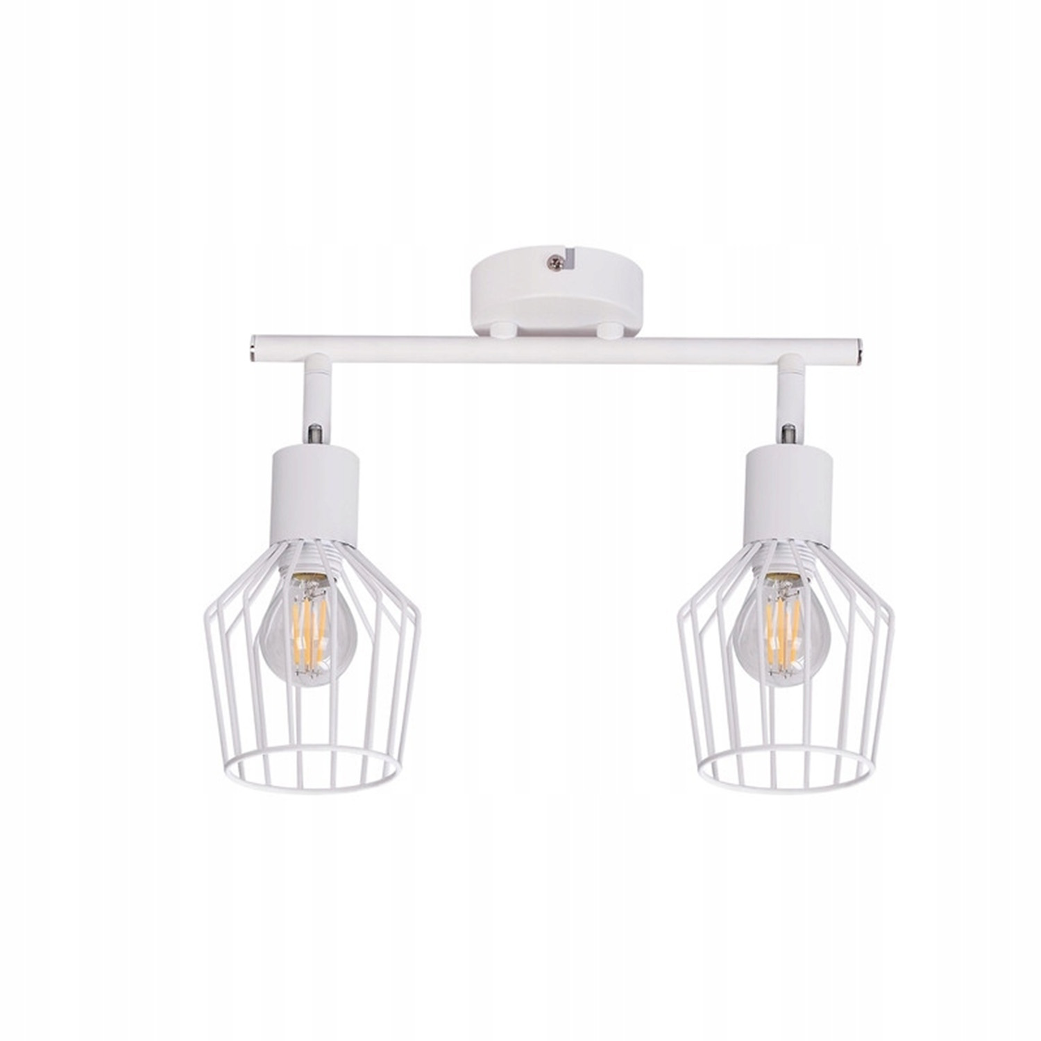 Biała lampa listwowa z dwoma białymi oprawami w stylu klatki. Widoczne żarówki w stylu Edisona.