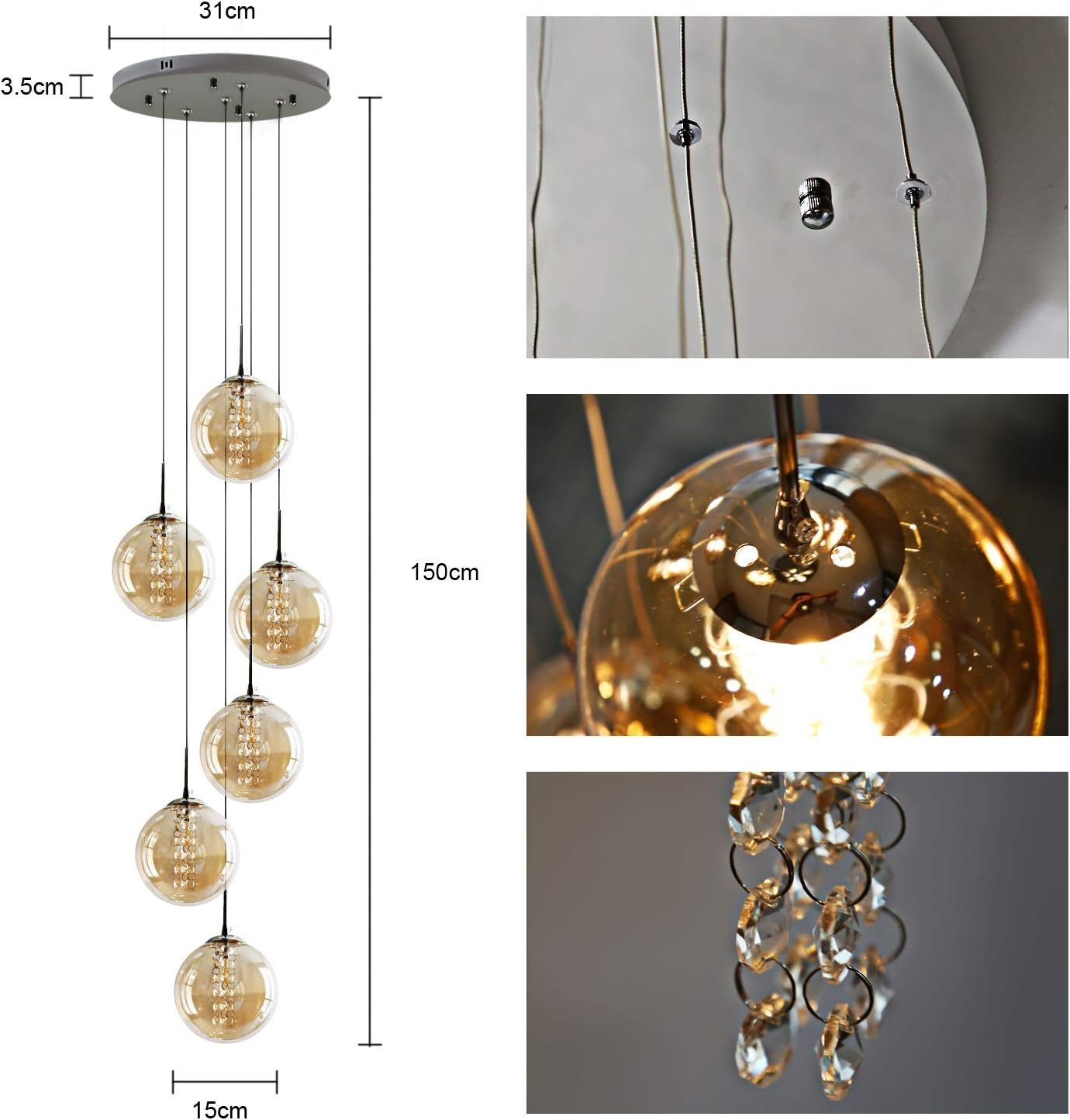 Lampa wisząca z siedmioma kulistymi światłami. Wymiary: 31 cm szerokości, 150 cm długości. Szczegóły oprawy.