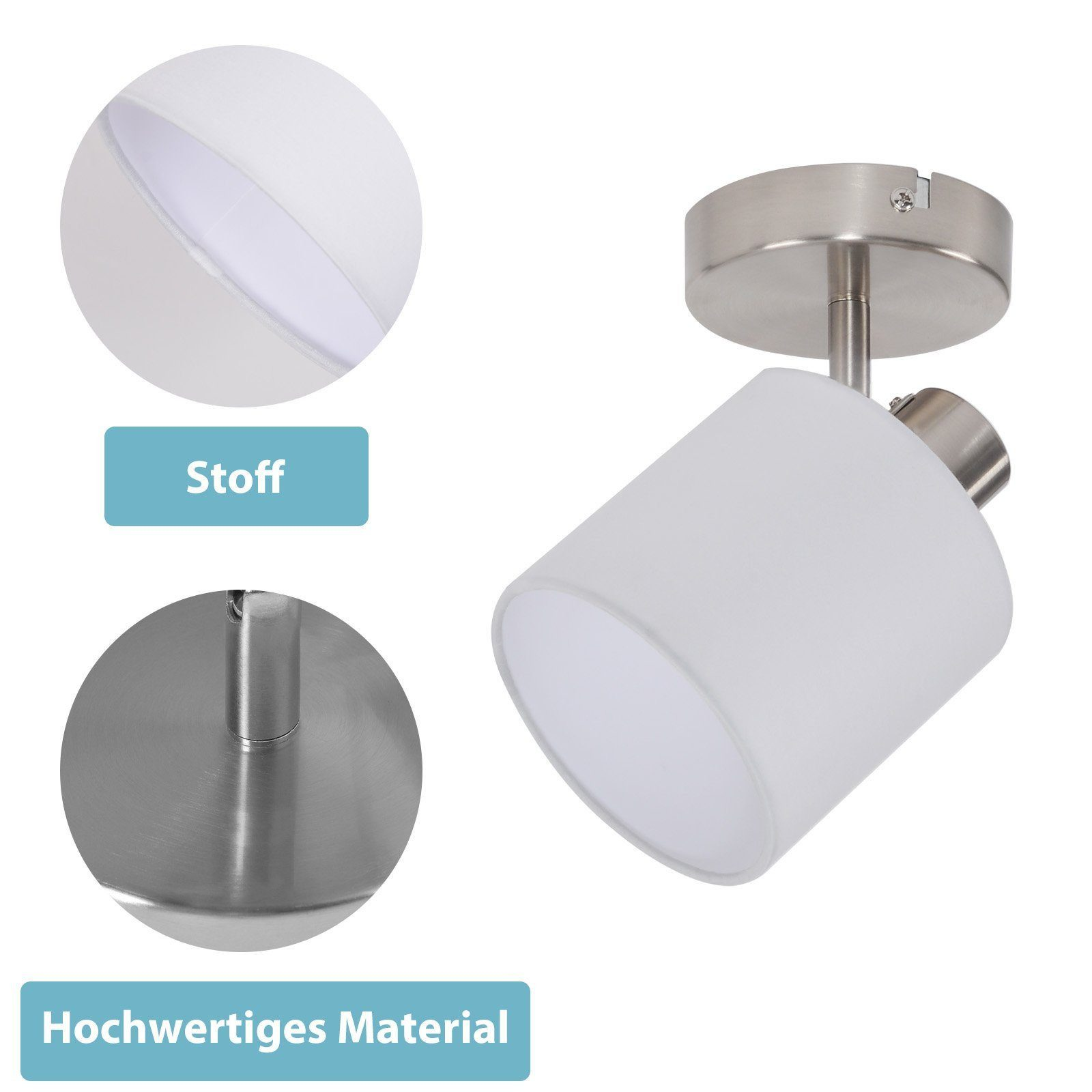 Biały reflektor z okrągłą podstawą i kloszem. Pokazano szczegóły materiału i kształtu.