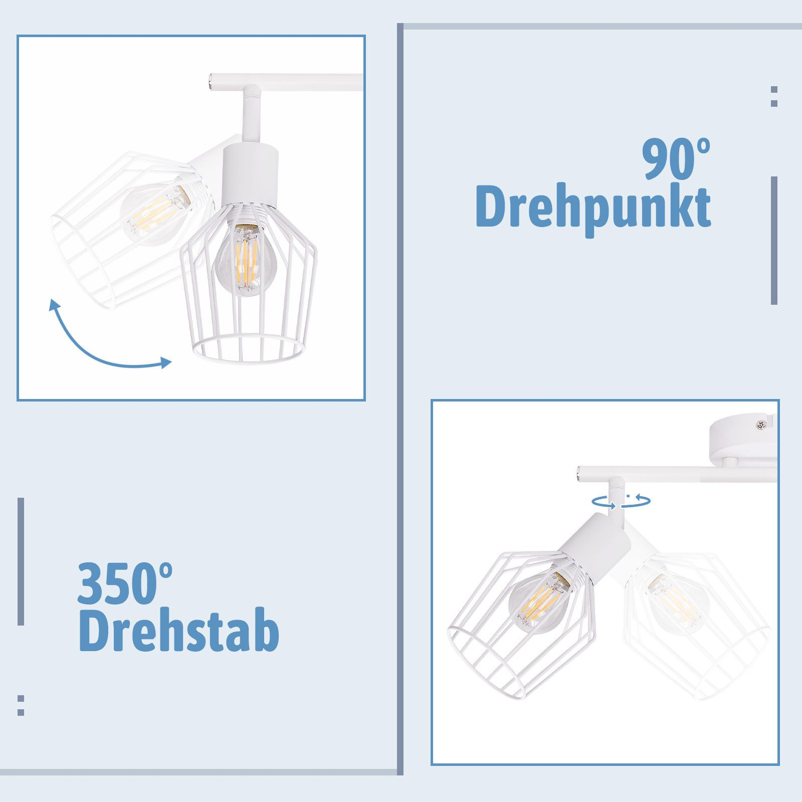 Biała lampa sufitowa z regulowanymi głowicami. Posiada obrotowy pręt 350° i punkt obrotu 90°.