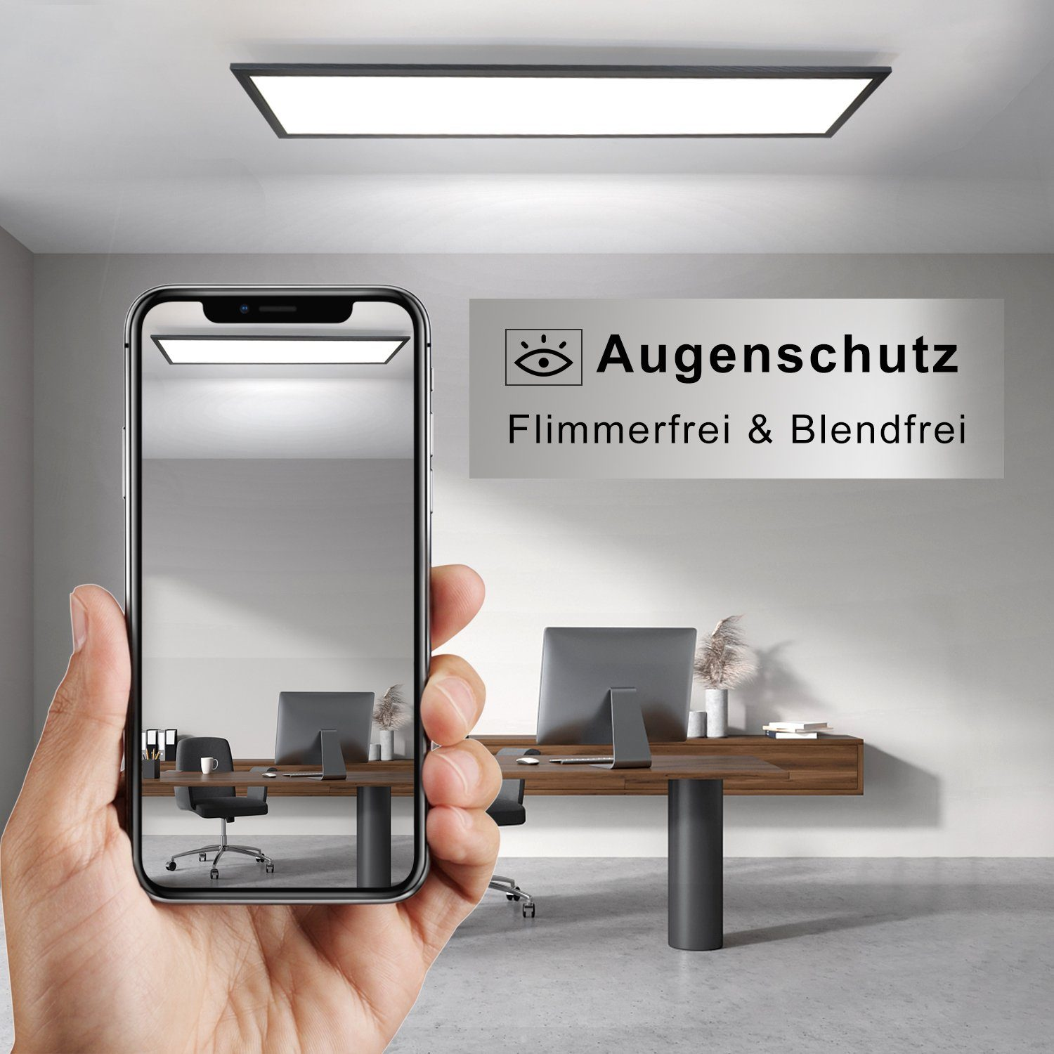 Ręka trzymająca telefon pokazujący jasną, prostokątną lampę sufitową. Tło biurowe.