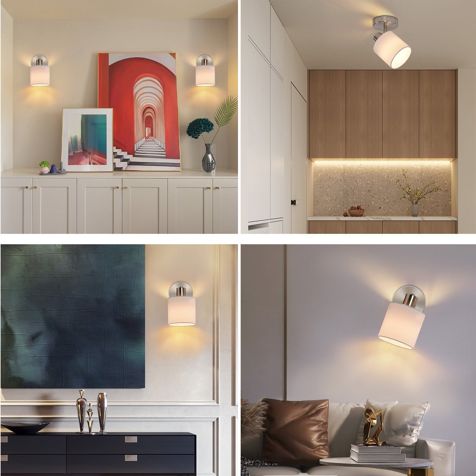 Cztery obrazy pokazujące różne zastosowania białej lampy ściennej z białym kloszem.