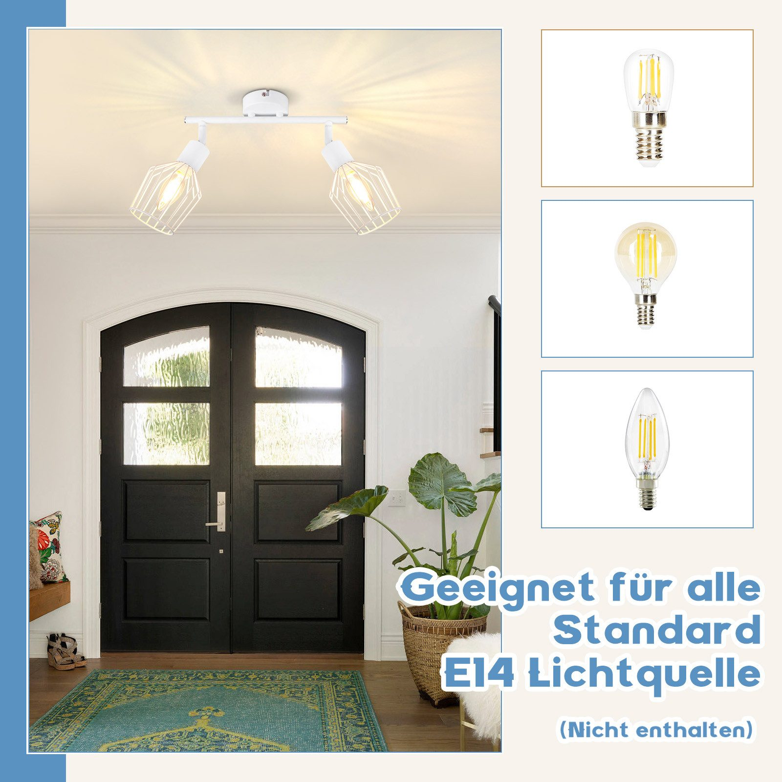 Ościeżnica z lampą sufitową z dwoma światłami w drucianej ramie i próbkami żarówek E14.