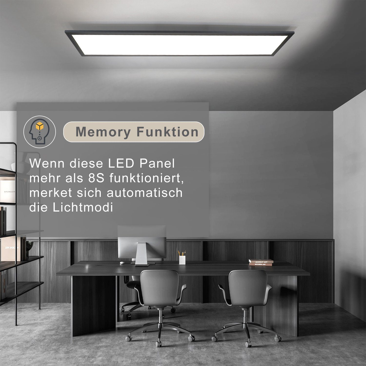 Wnętrze biura z dużą prostokątną lampą sufitową, biurkiem, krzesłami i tekstem o funkcji pamięci.