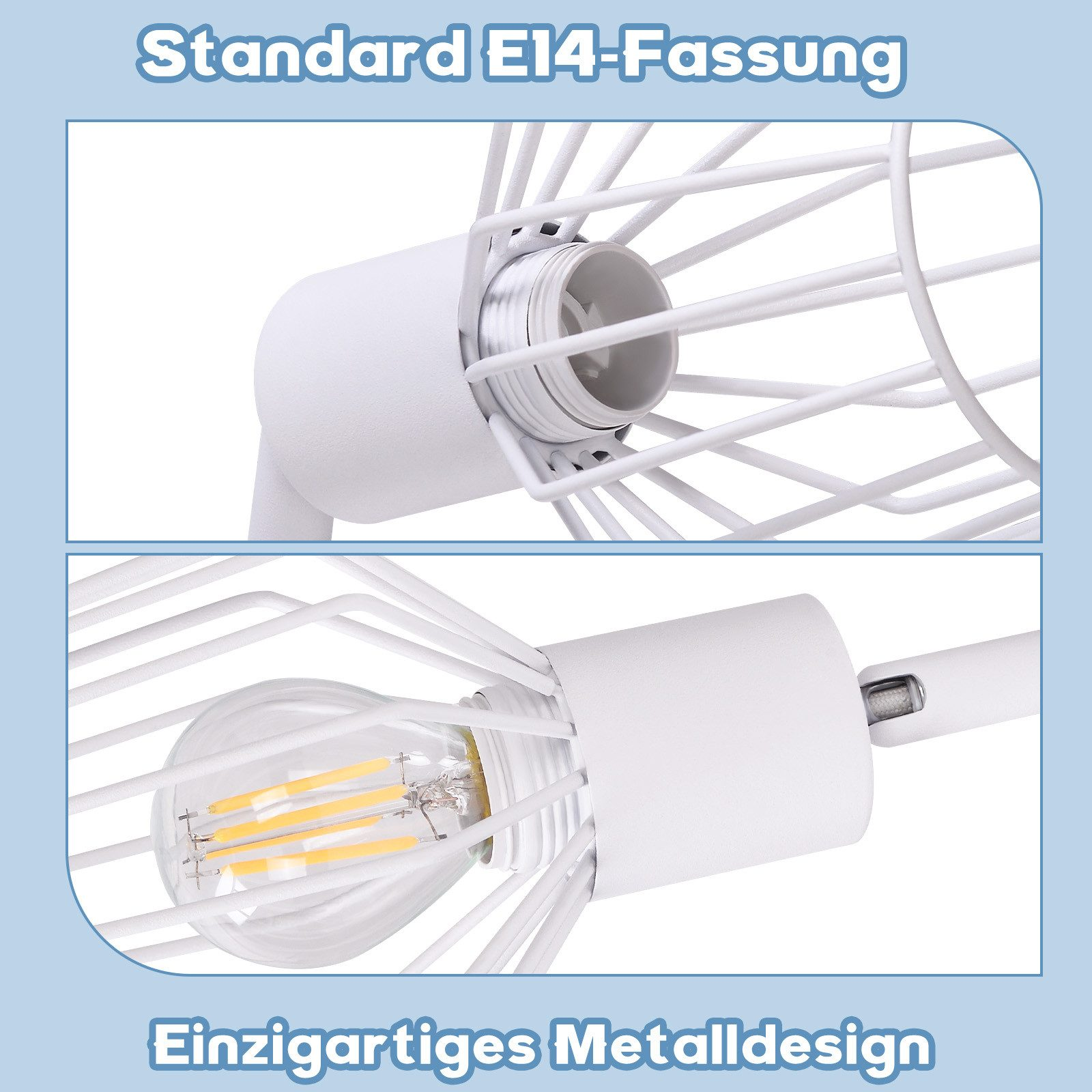 Zbliżenie białej metalowej lampy w klatce z widoczną żarówką żarnikową, szczegóły projektu.