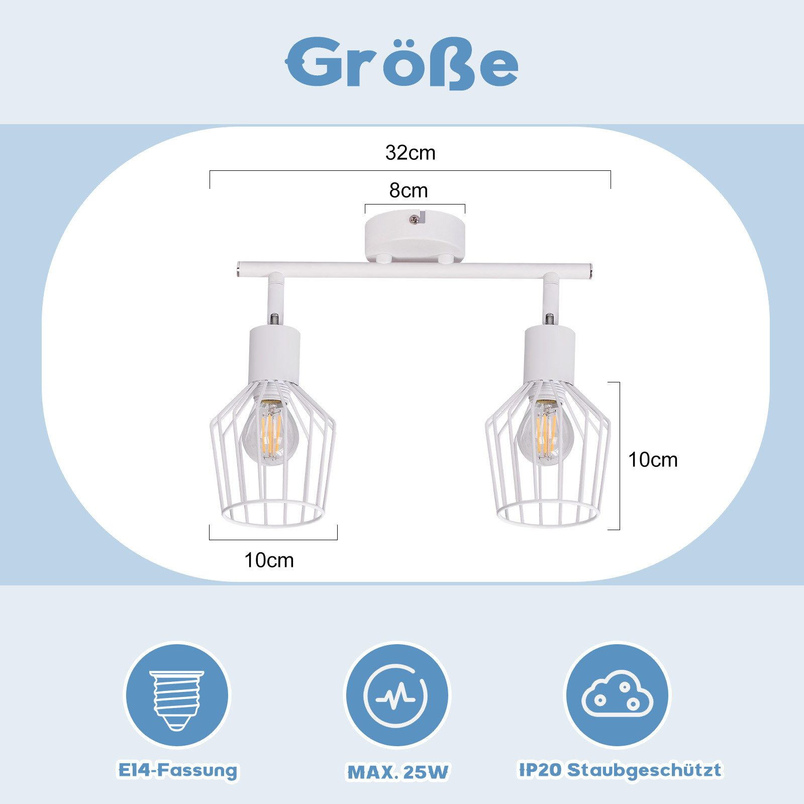 Zdjęcie produktu białej lampy sufitowej z wymiarami i ikonami. Ma dwie żarówki.