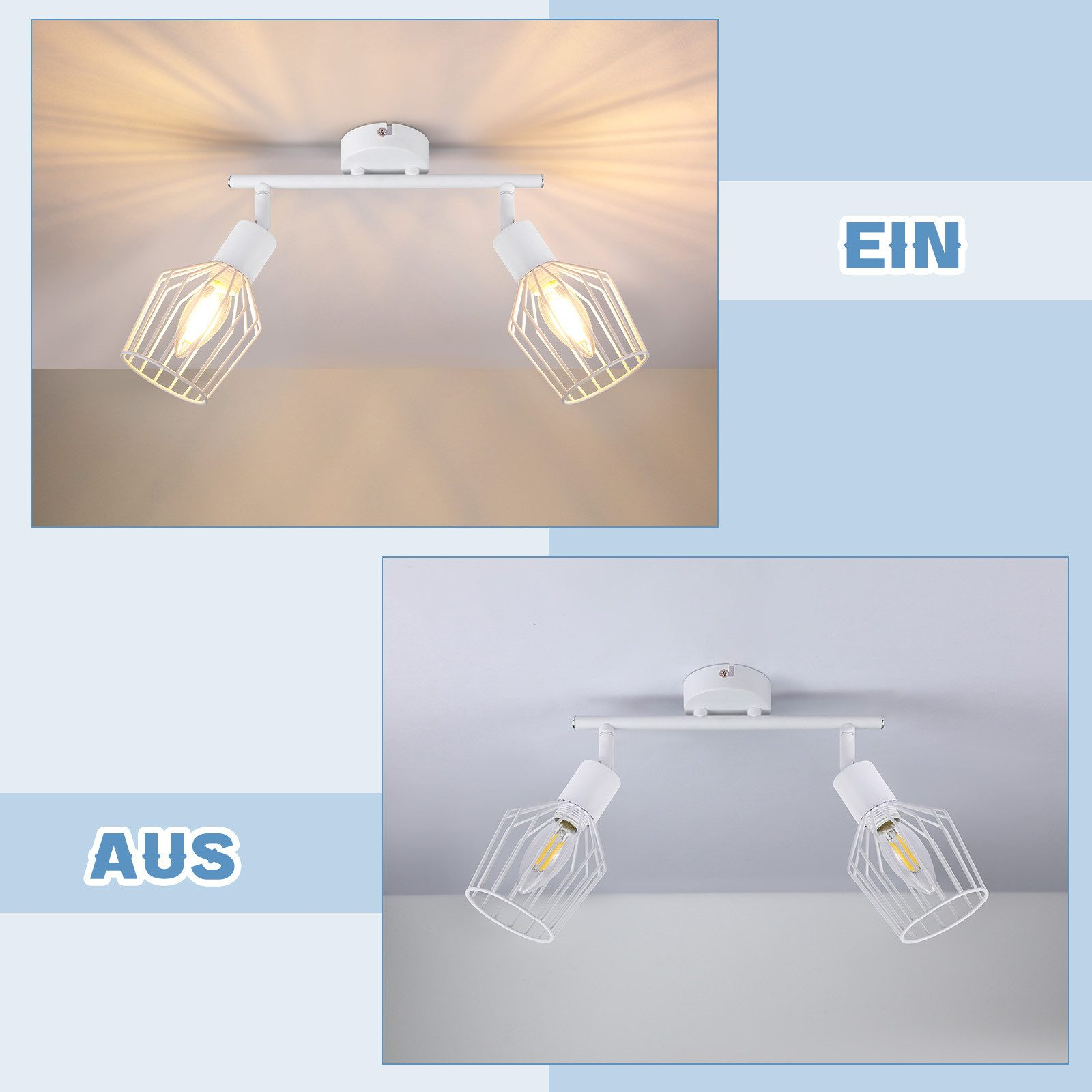 Dwie białe lampy szynowe, włączone i wyłączone. Konstrukcja metalowej klatki. Jasna i zwięzła prezentacja.