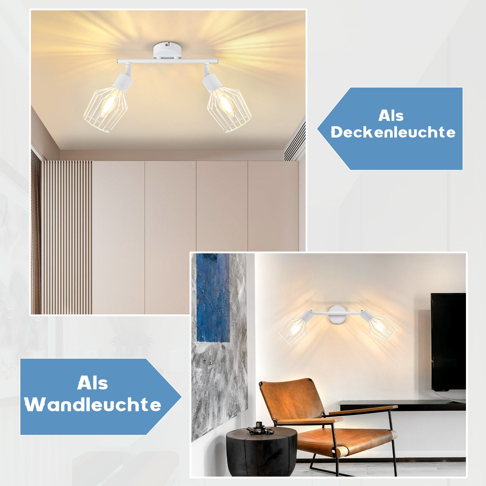 Zdjęcia pokazują lampy sufitowe i ścienne. Strzałki wskazują rodzaj instalacji.