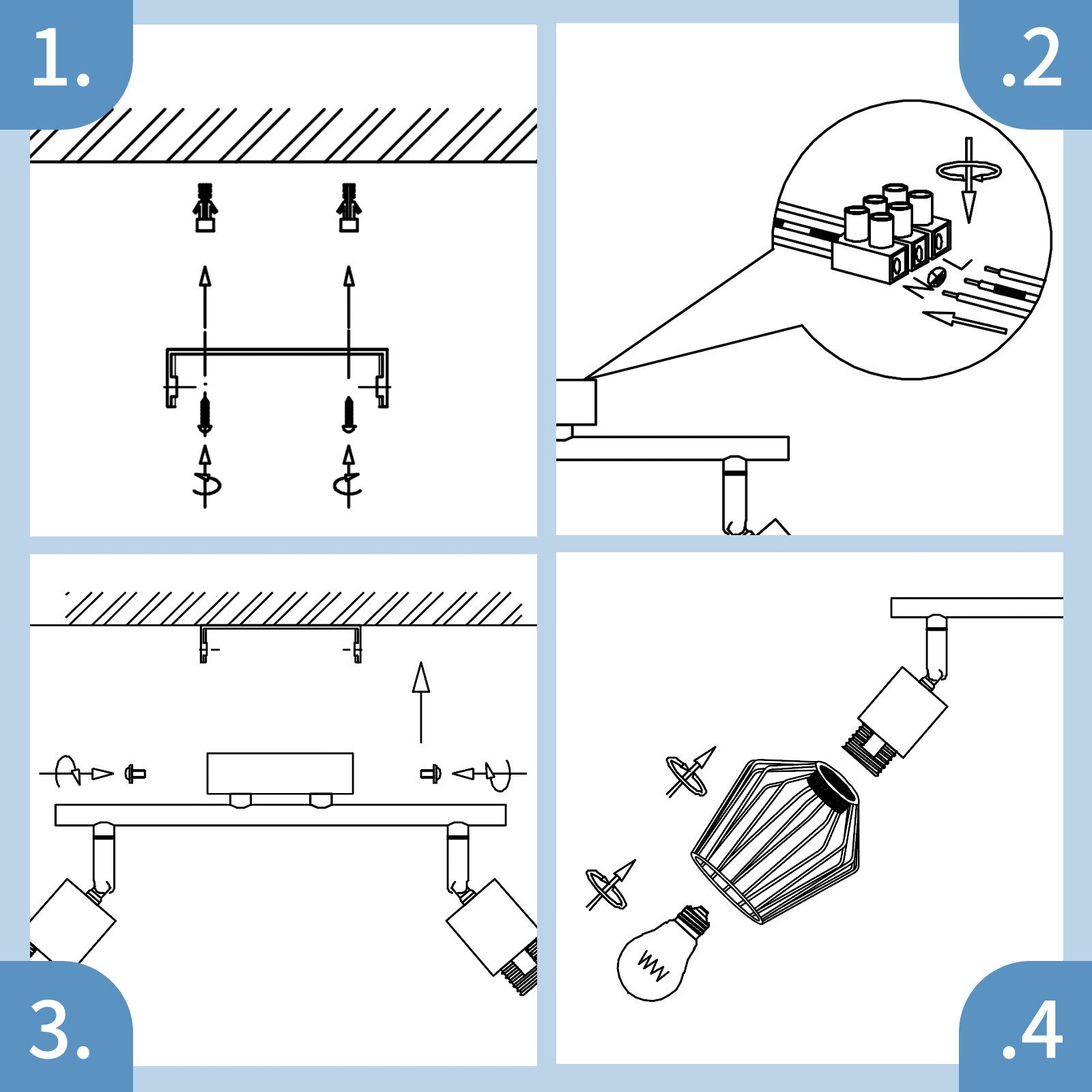 Czterostopniowa instrukcja instalacji. Instrukcje pokazują, jak zamontować i zainstalować oprawę oświetleniową na suficie.