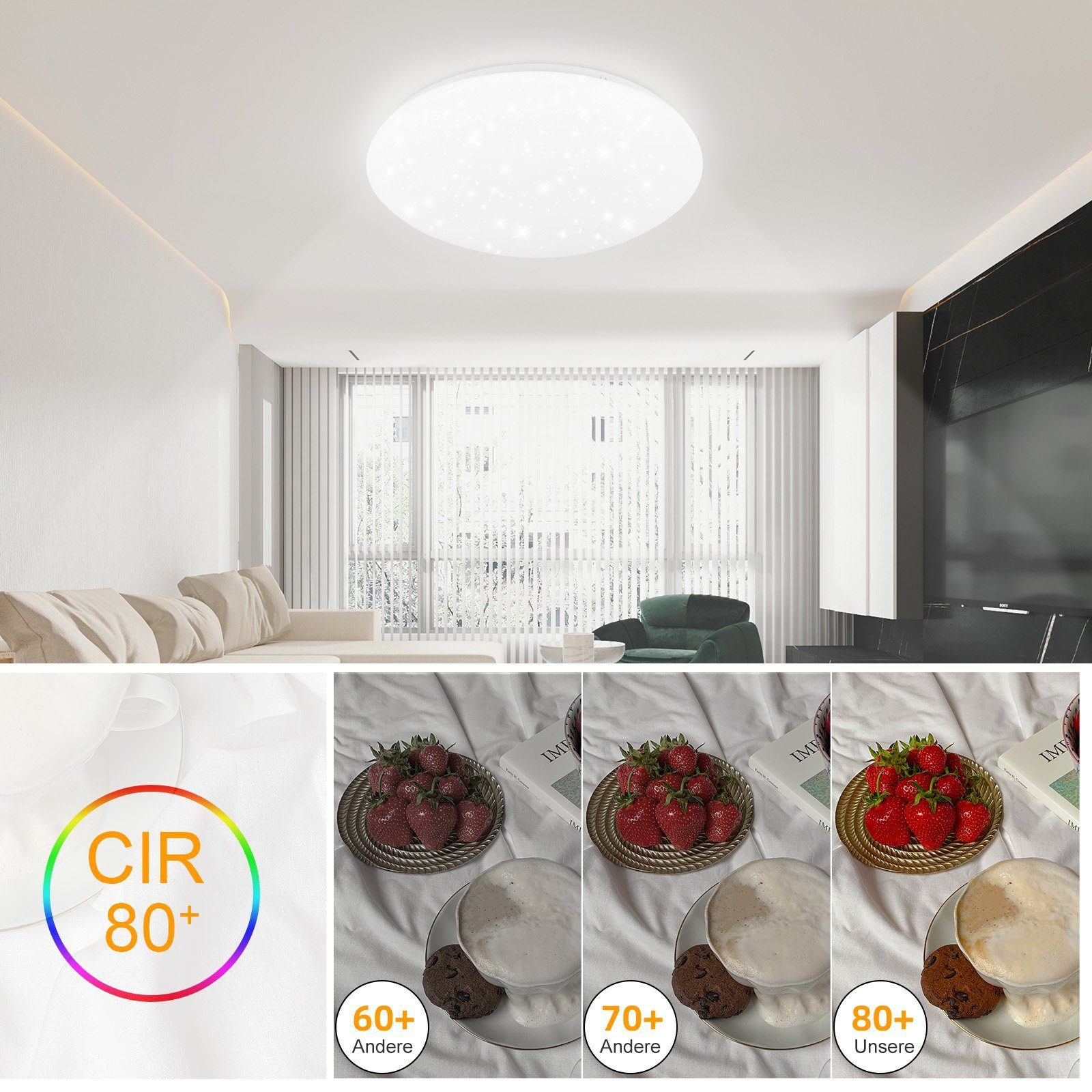 Lampa sufitowa z wysokim CRI (80+). Pokazuje jedzenie w różnych warunkach oświetleniowych. Truskawki i ciastka.
