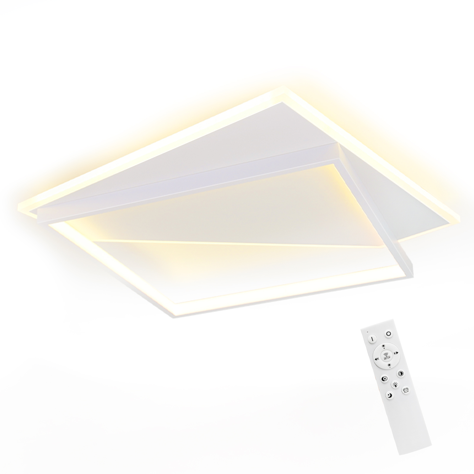 Biała lampa sufitowa z geometrycznym wzorem. Pilot znajduje się na dole.