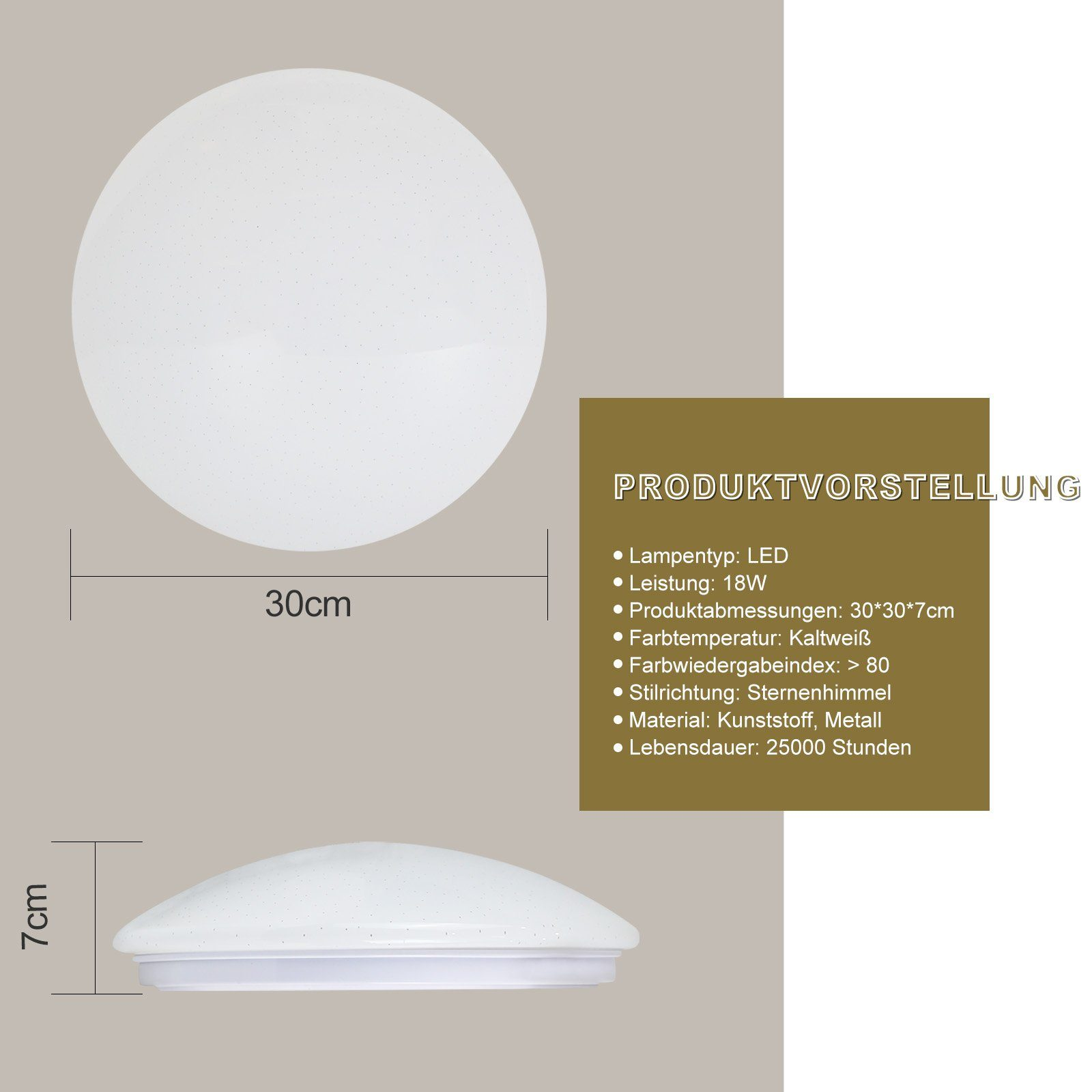 Okrągła, biała lampa sufitowa LED z wymiarami i specyfikacjami, w tym przegląd produktu.