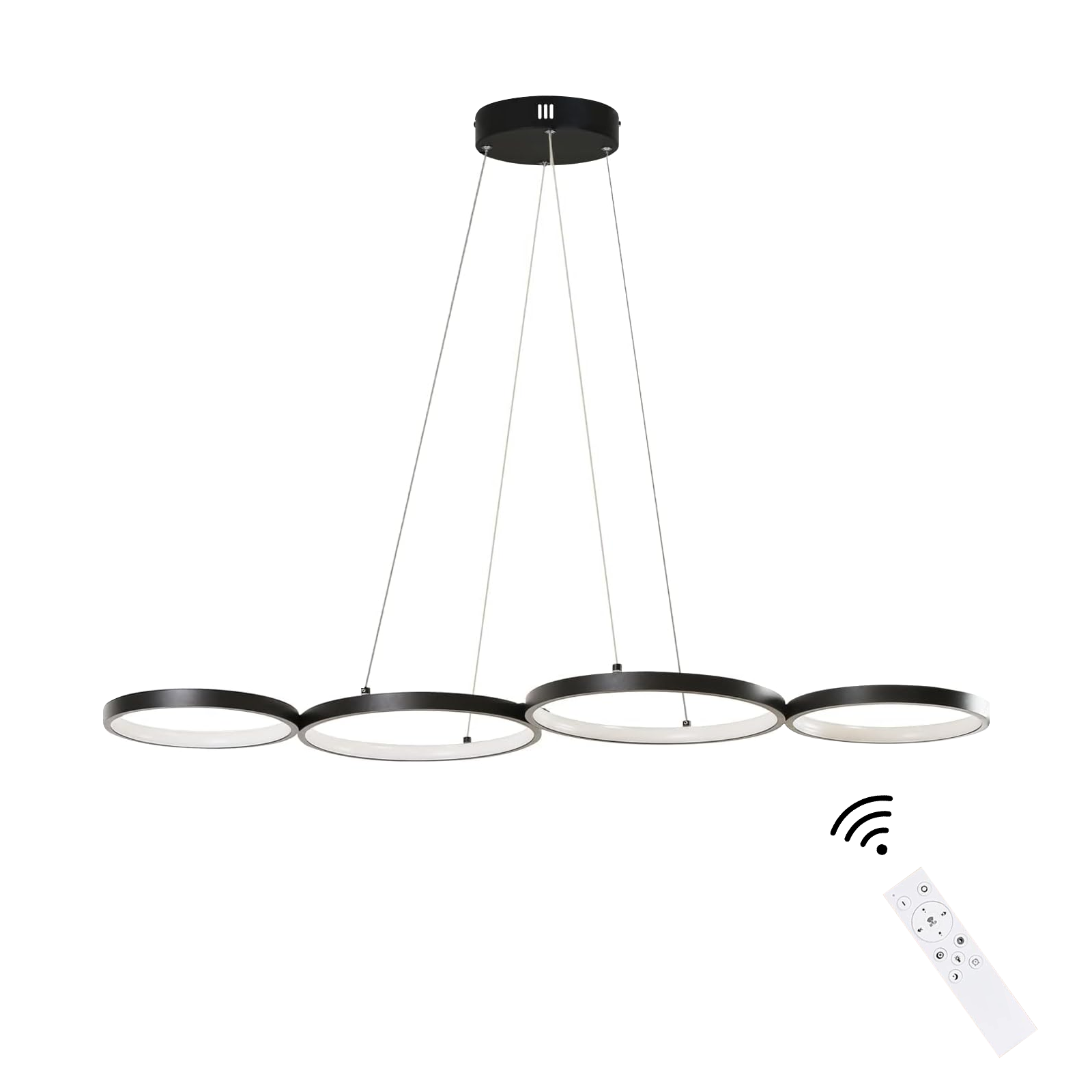 Nowoczesny żyrandol z czterema okrągłymi światłami i pilotem.