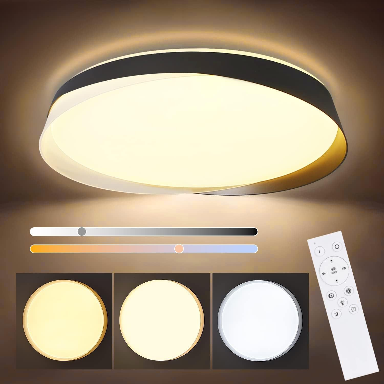 Okrągła lampa sufitowa z opcjami kolorów i pilotem. Pokazano trzy ustawienia światła.