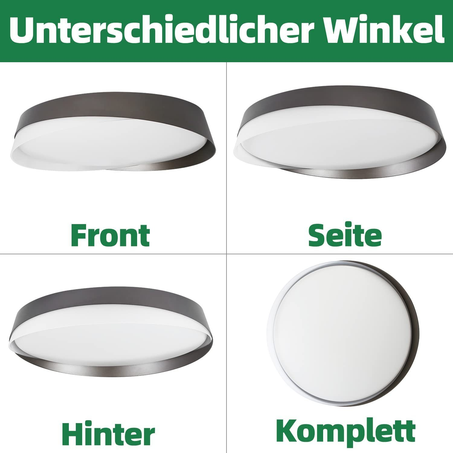 Cztery zdjęcia przedstawiają lampę sufitową. Jest okrągła, z ciemnoszarą obwódką i białym środkiem. Różne widoki: przód, bok i komplet.