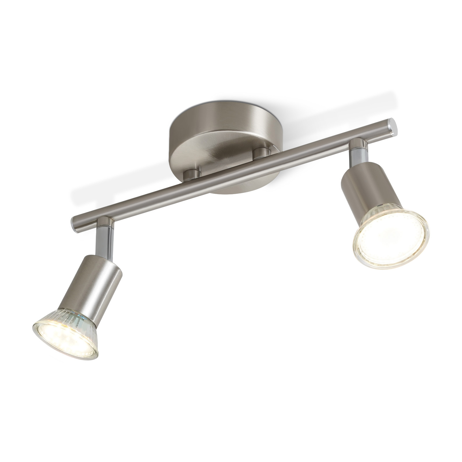 Srebrna oprawa oświetleniowa szynowa z dwoma regulowanymi reflektorami na białym tle.