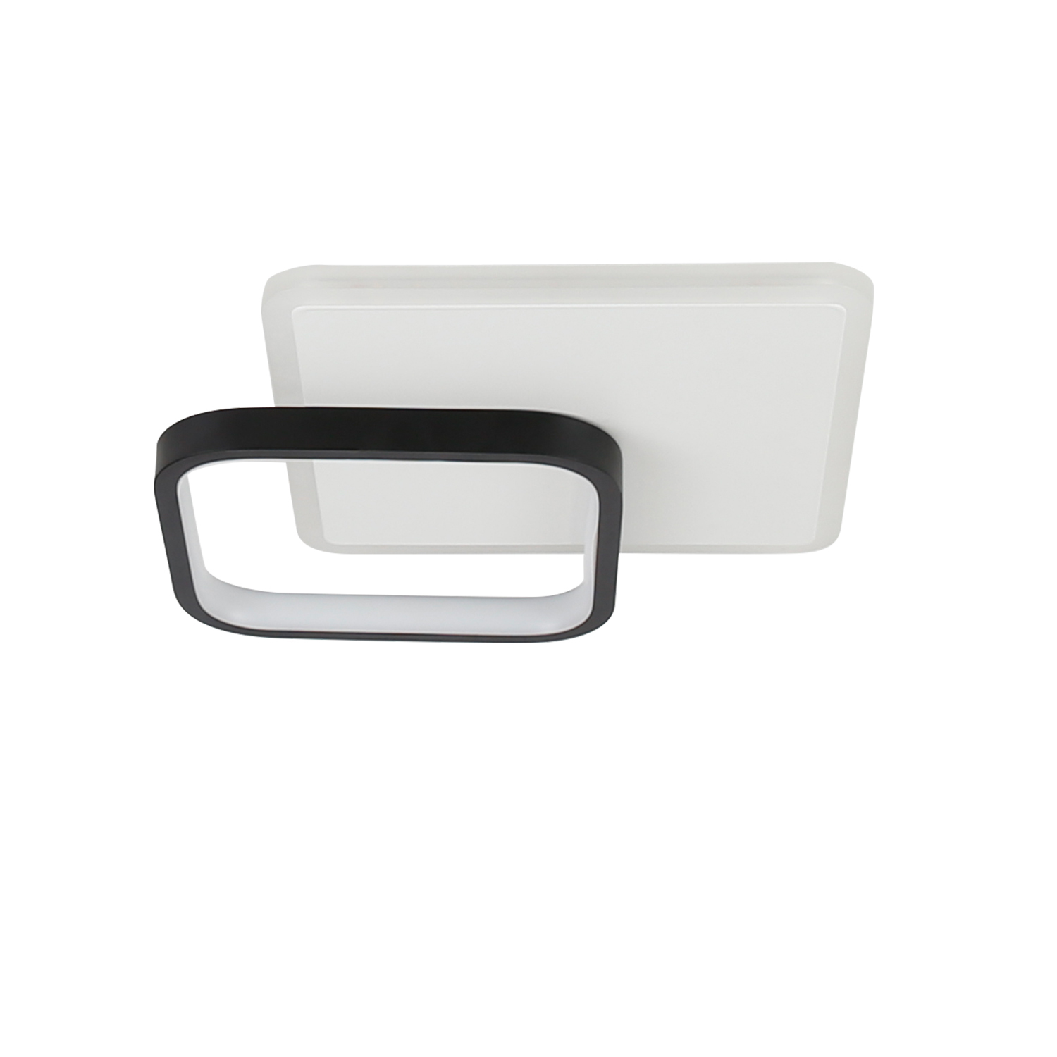 Kwadratowa biała lampa sufitowa z czarną kwadratową ramą, zachodzące na siebie. Białe tło.