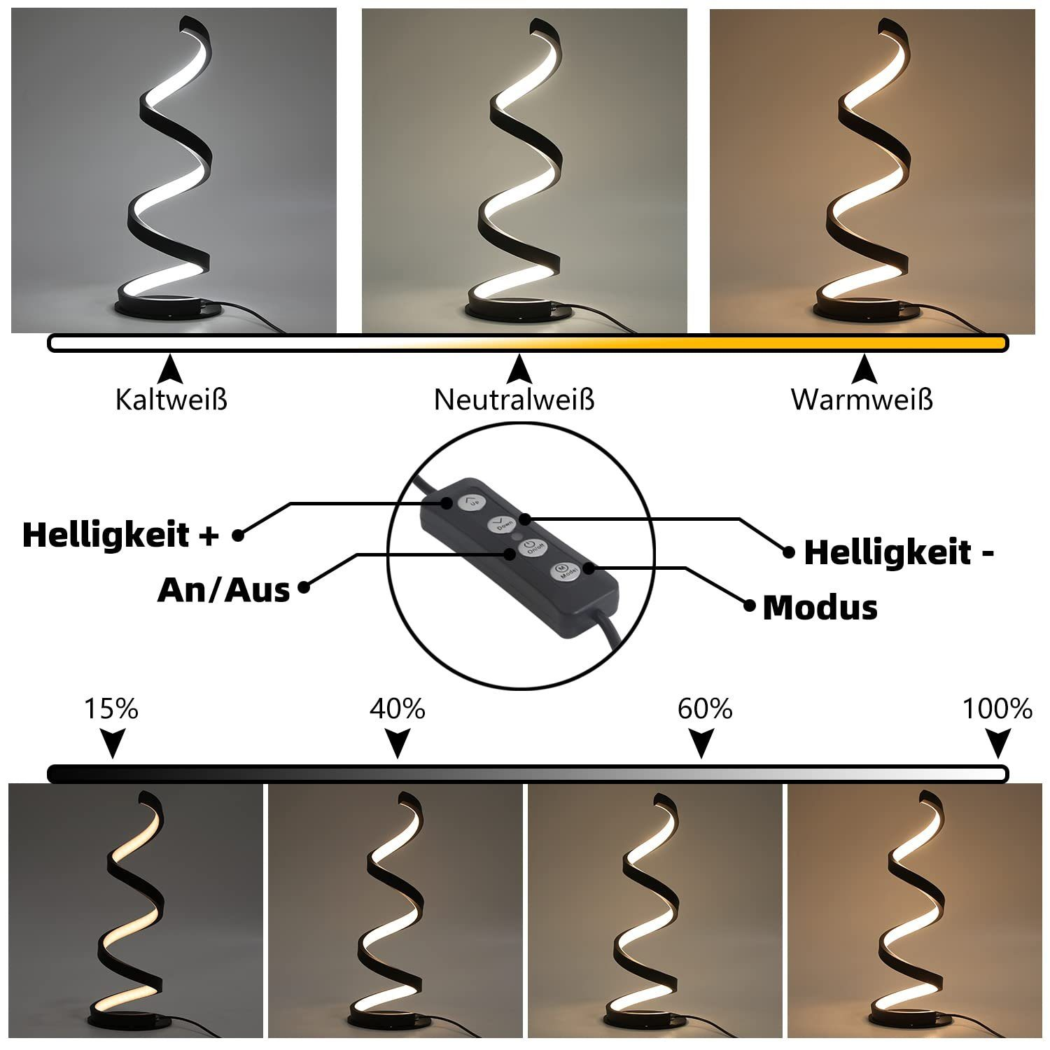 Czarno-biała lampa w kształcie spirali z regulacją jasności i trybu oraz temperaturą barwową.