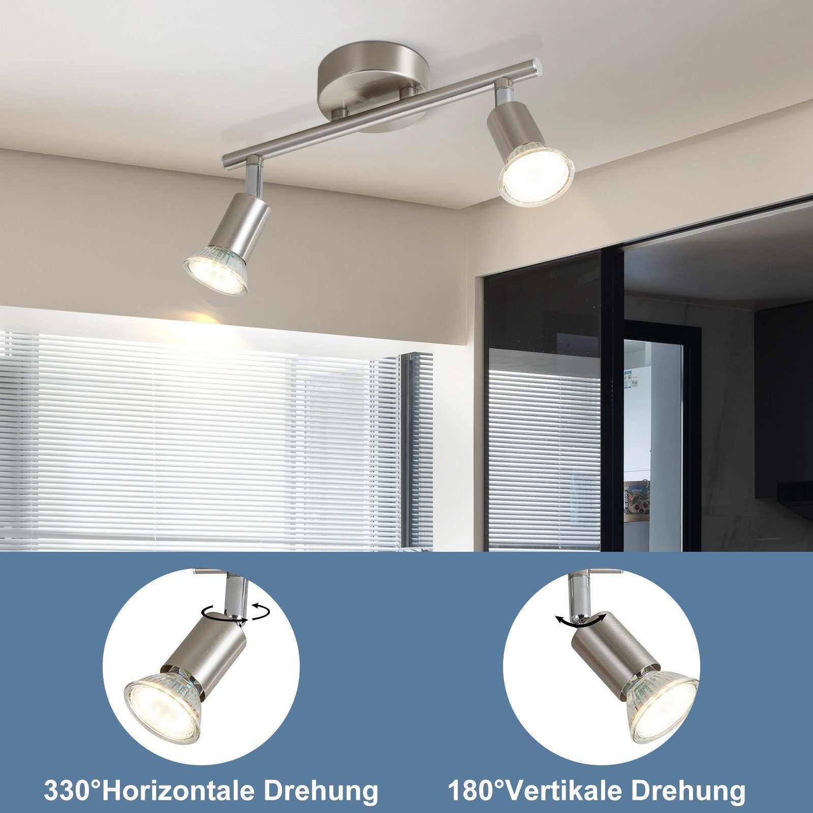 Reflektor sufitowy z dwiema regulowanymi lampami. Srebrne wykończenie. Obrót poziomy 330° i pionowy 180°.