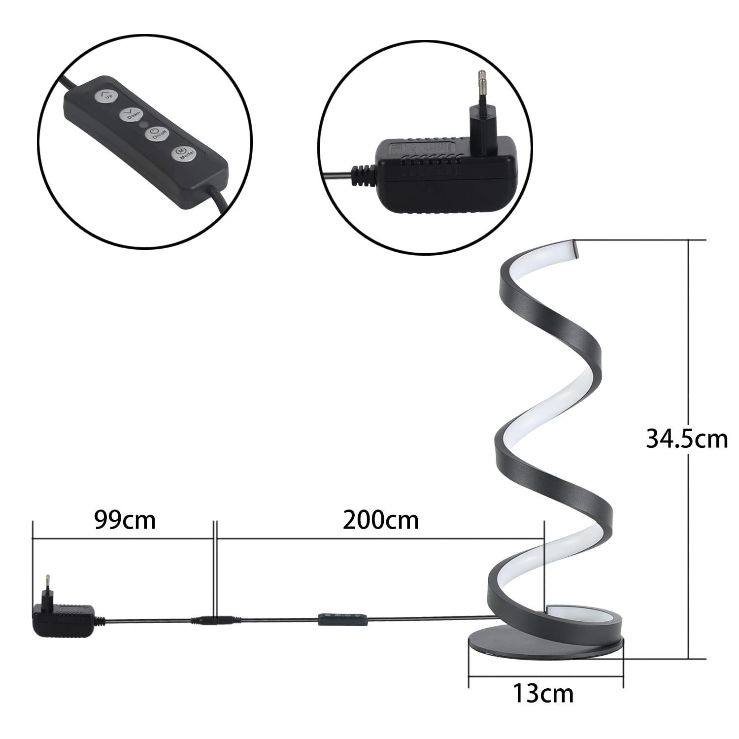 Czarna, zakrzywiona lampa biurkowa z białym paskiem świetlnym i regulatorem ściemniania, z wymiarami.