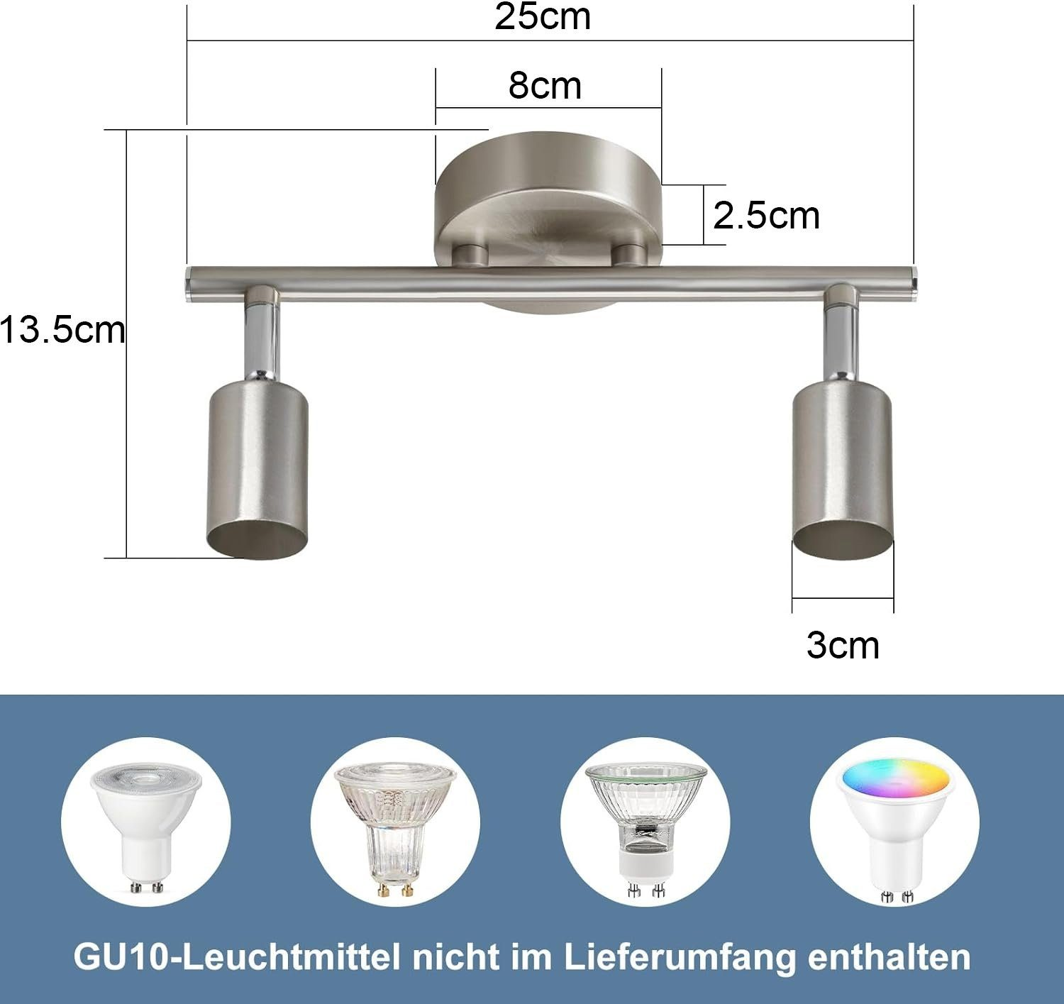 Lampa sufitowa z wymiarami. Na dole 2 reflektory z zestawem lamp.