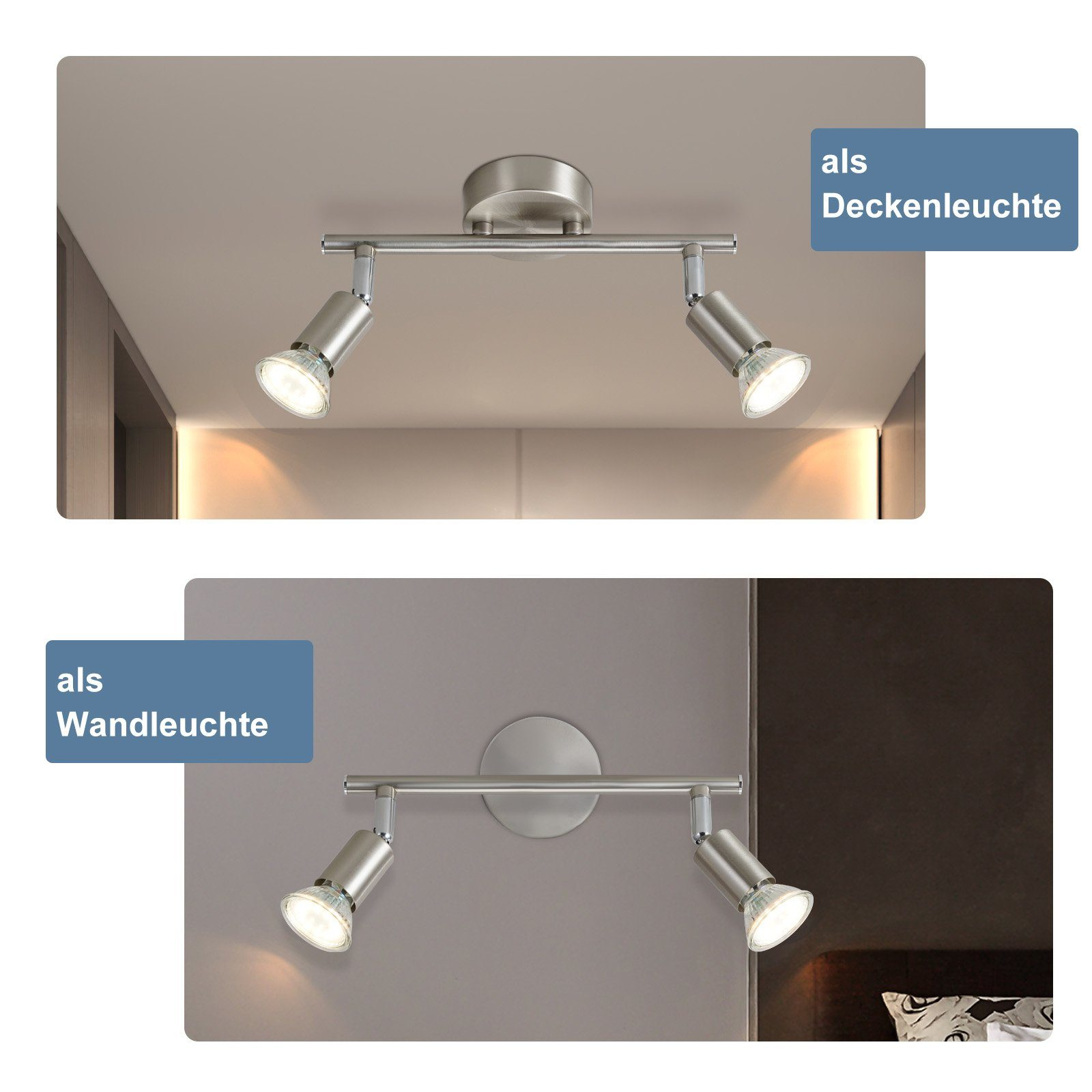 Dwa obrazy przedstawiające reflektory sufitowe i ścienne. Górny obrazek pokazuje lampę sufitową, dolny ścienną.