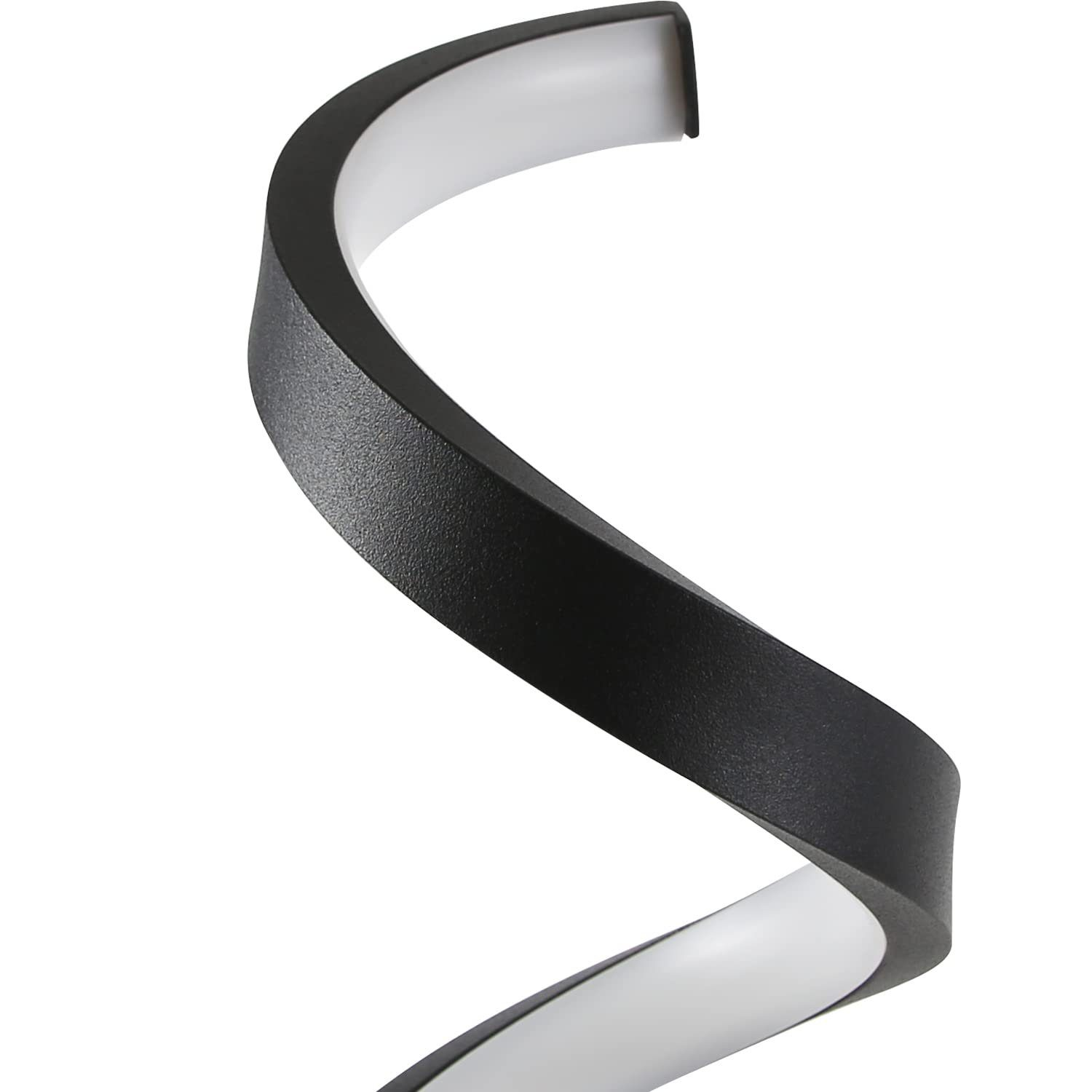 Czarna, zakrzywiona oprawa oświetleniowa z białym oświetleniem. Kształt to ciągła fala.