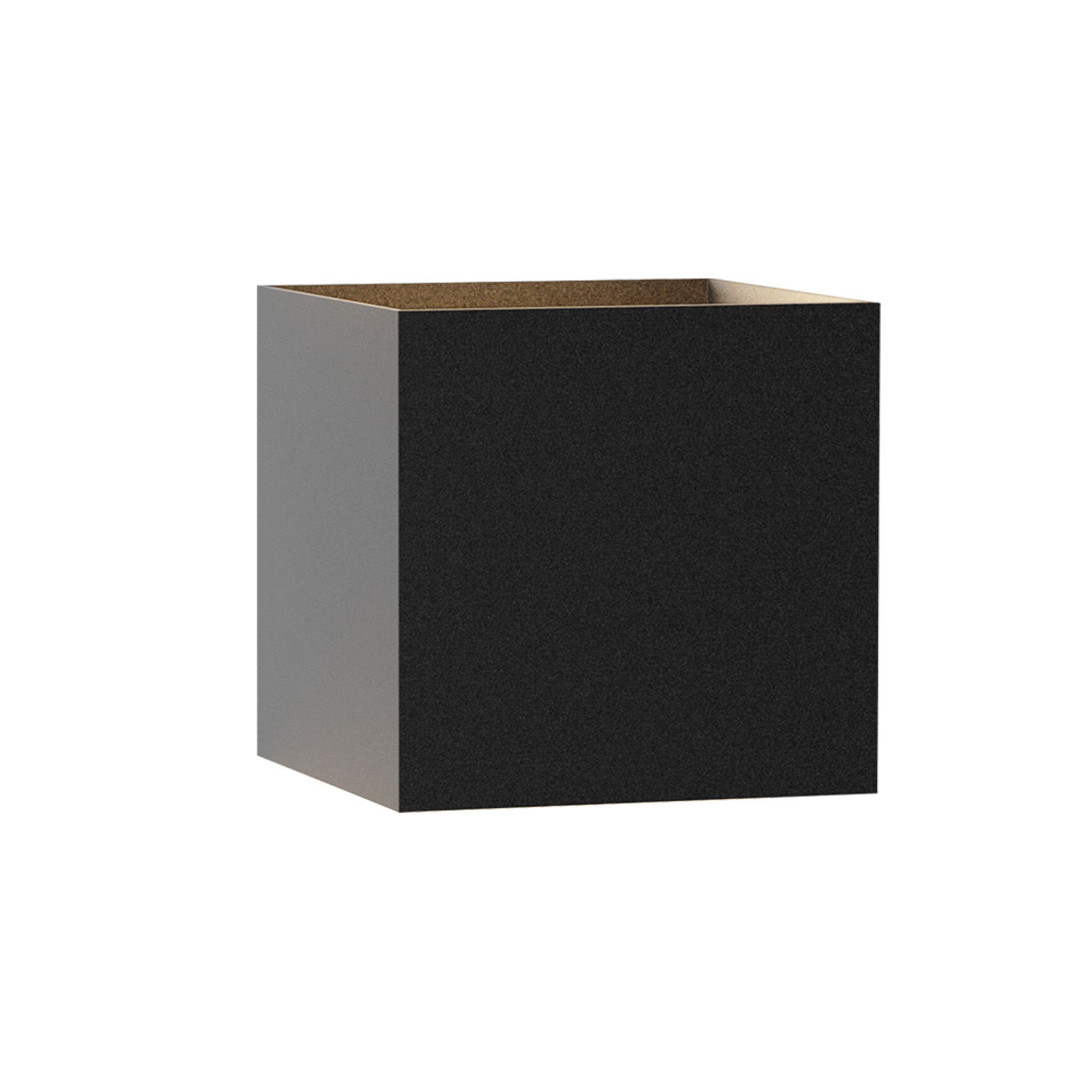 Un vaso nero a forma di cubo con superficie strutturata.